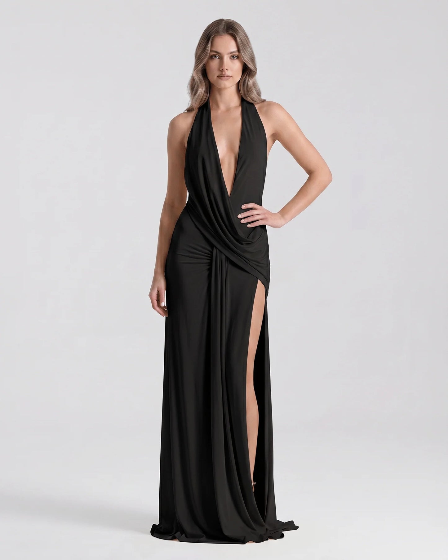Women's Maxi Dress | Deep Halter V-Neck | High Slit & Draping