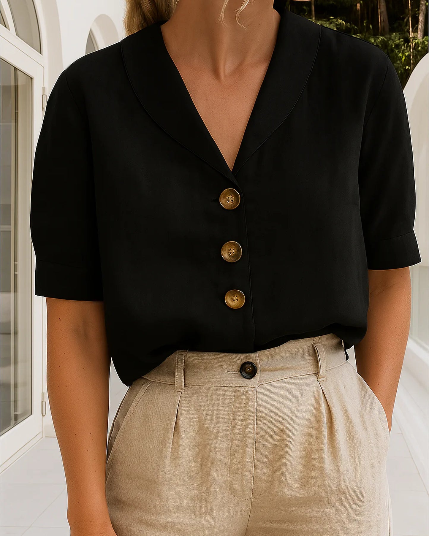 Arabelle Dames Top | Reverskraag | Korte Omgeslagen Mouwen