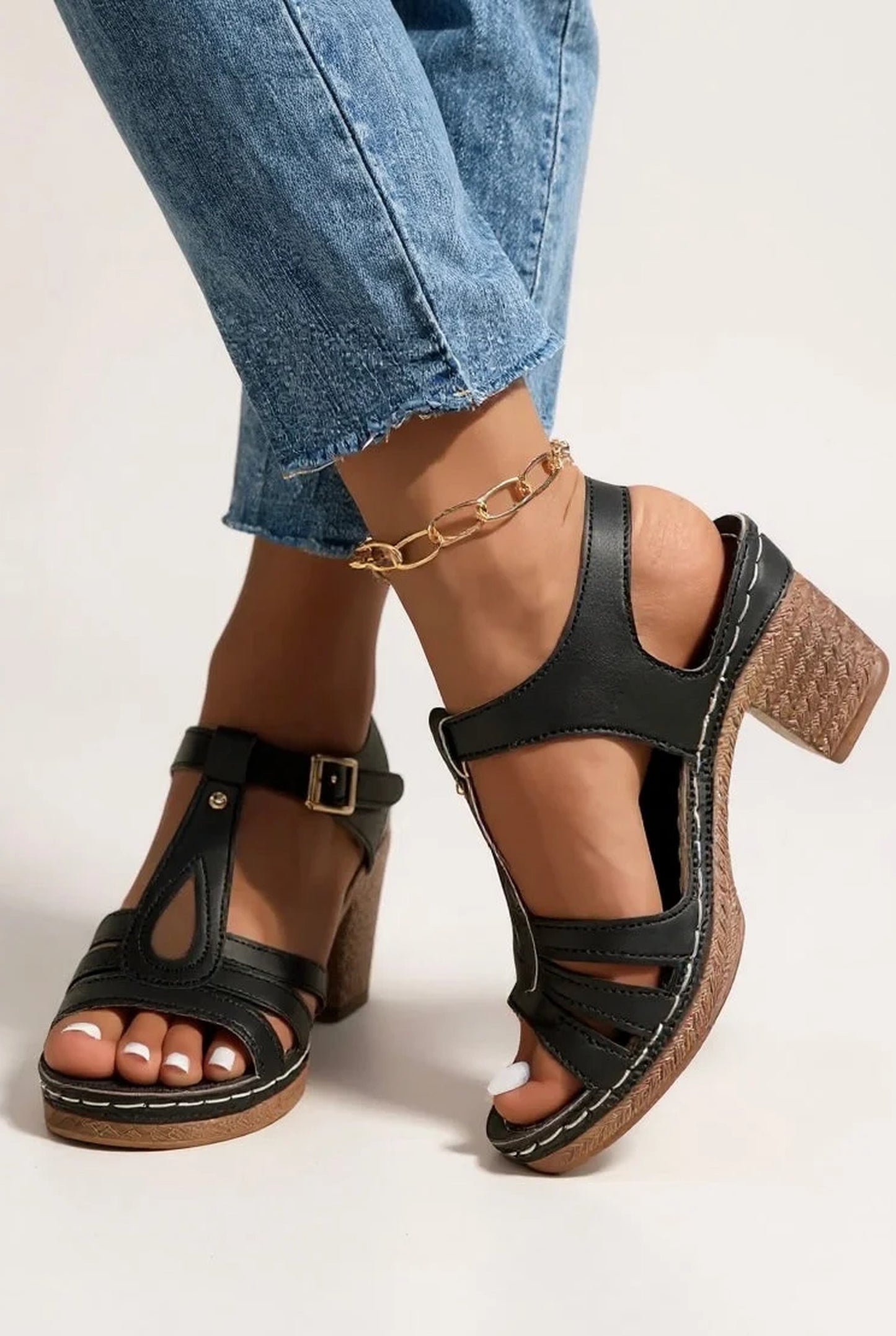 Carmen Dames Sandalen | Geplooide Details | Houten Blokkhak