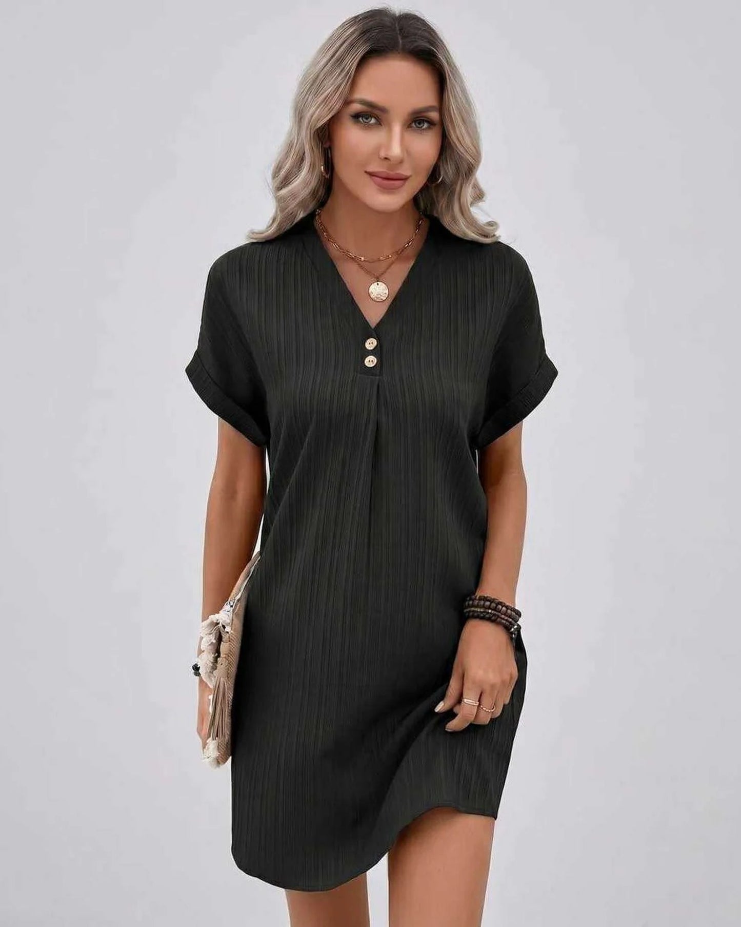 Magalie Women's Mini Dress | V-Neck with Buttons | Short Rolled Sleeves
