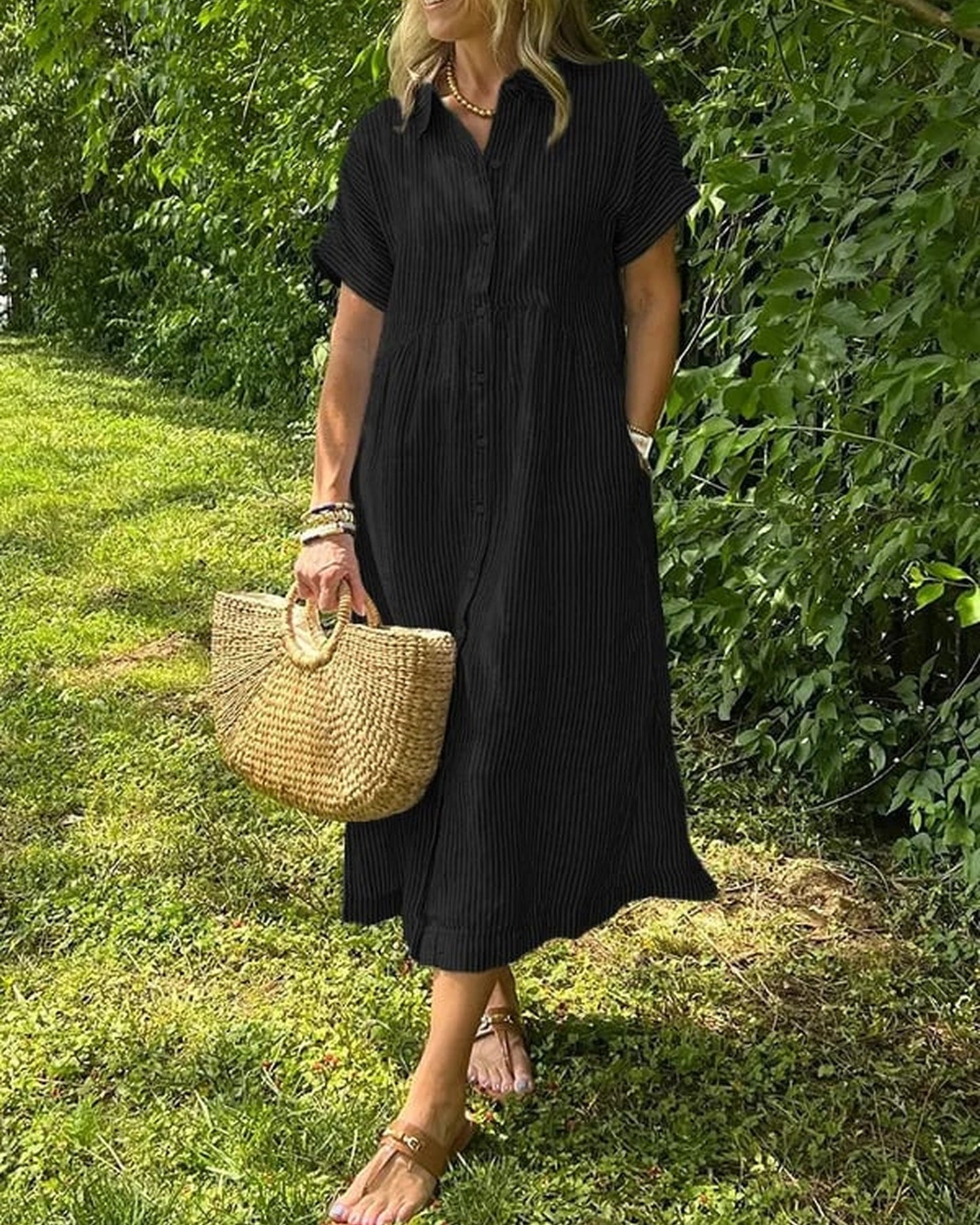 Annemie Dames Maxi Jurk | Streep & Knoopsluiting | Korte Mouwen