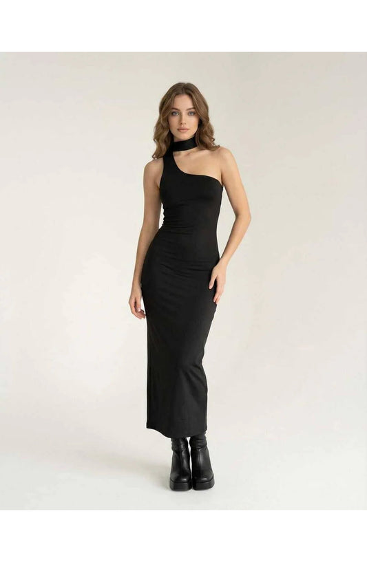 Women's Midi Dress | Asymmetric Halter Neck | Tight Bodycon Fit