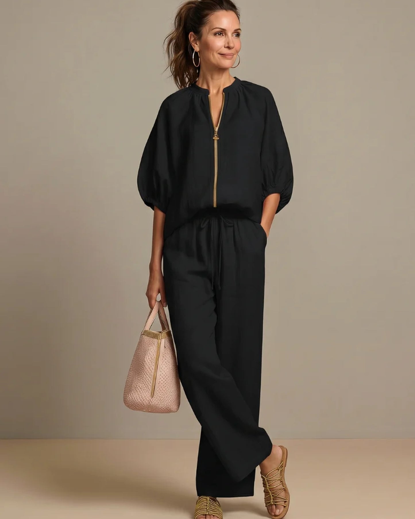Andréa Dames Co-ord Set | Ballonmouwen | Ritssluiting Voorkant