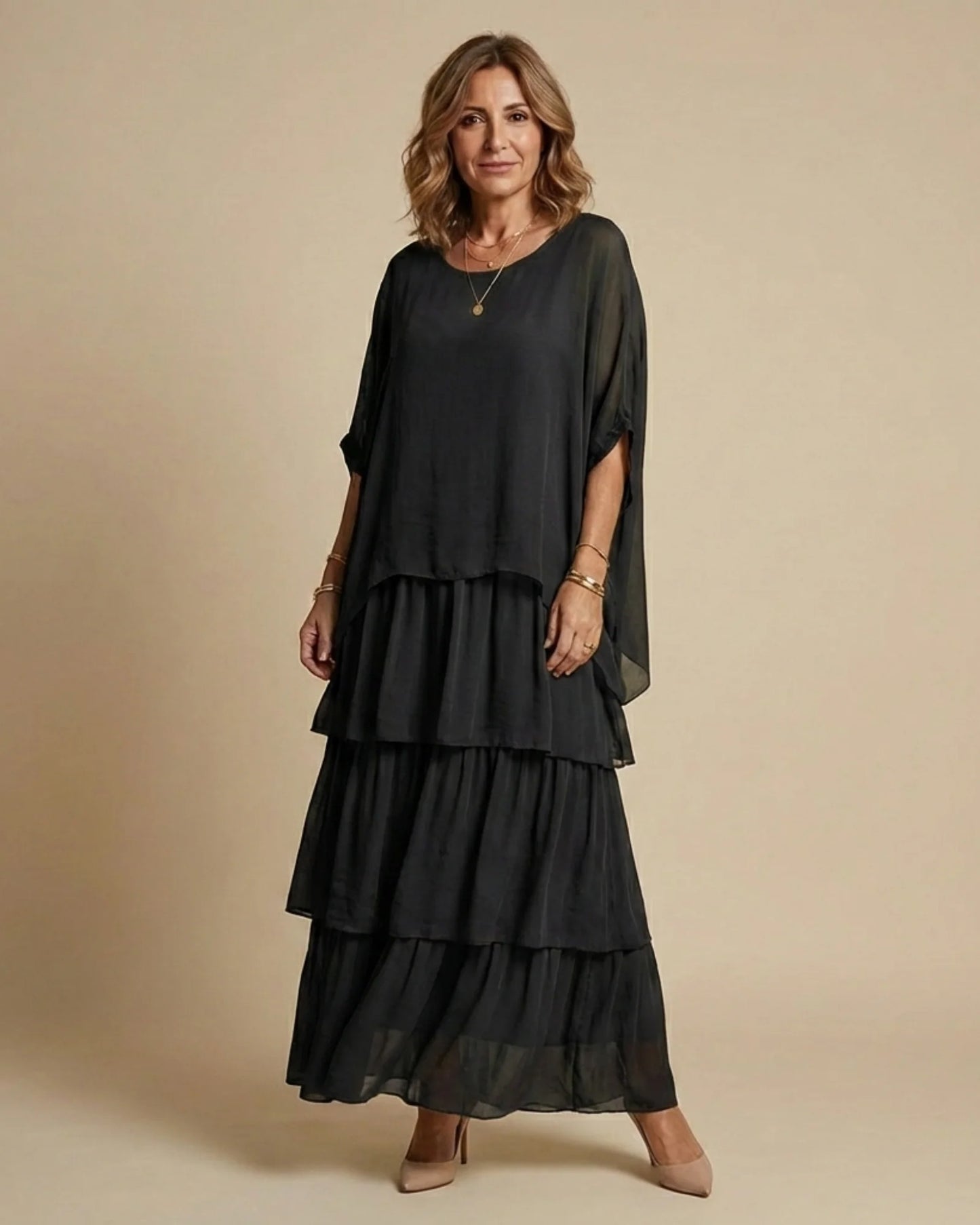 Reinette Dames Maxi Jurk | Gelaagde Rok | Vleermuismouwen