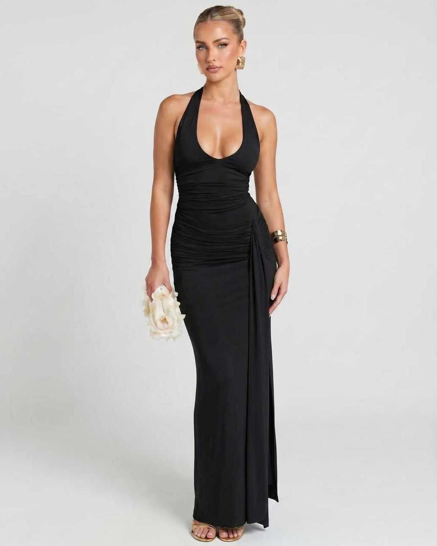 Réjane Dames Maxi Jurk | Halterneck | Hoge Split