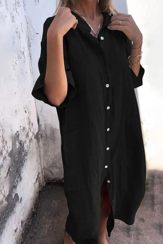 Chantale Dames Midi Jurk | Blousejurk met Knoopsluiting en Zakken | Losvallend