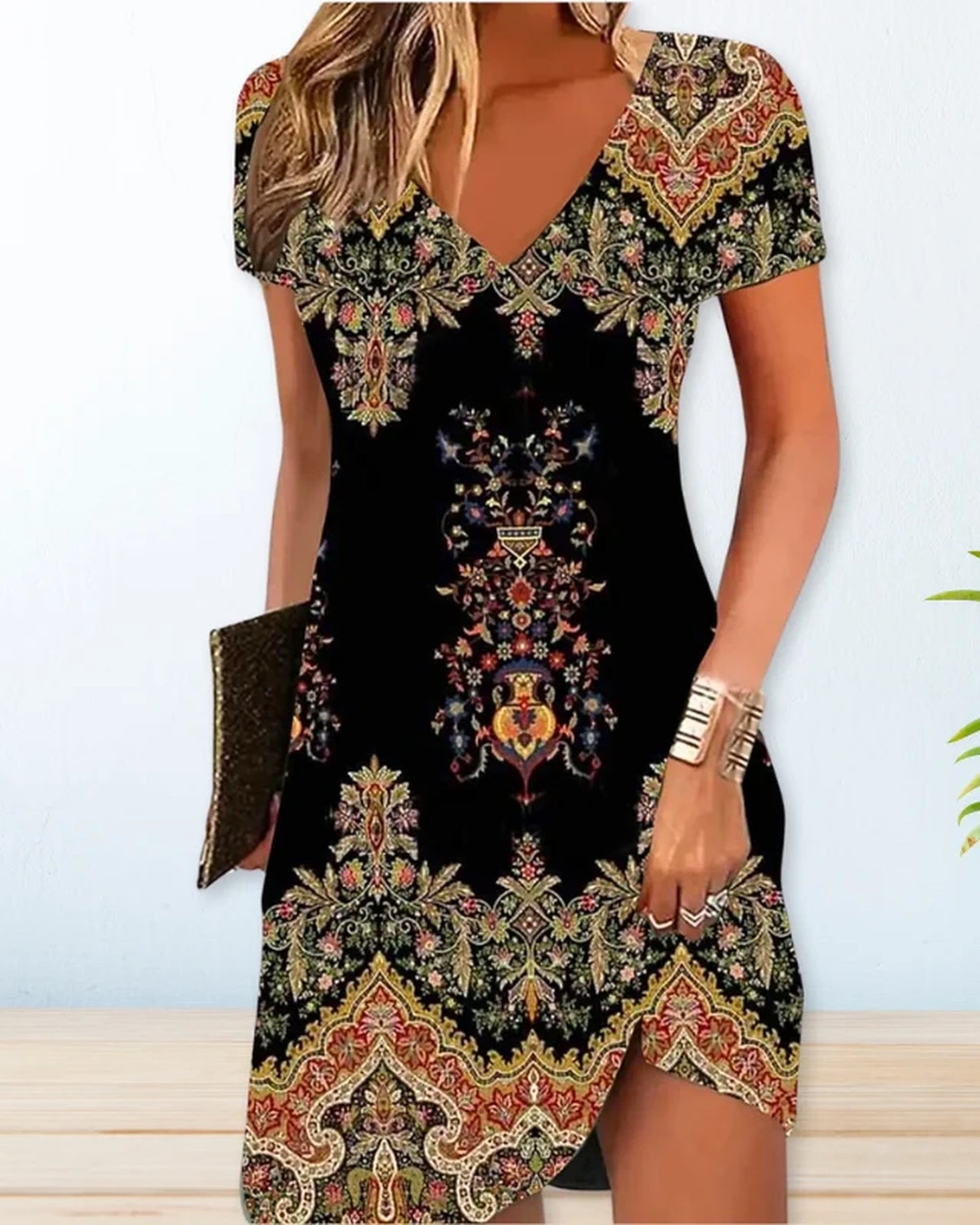 Cinzia Dame Midi Kjole | V-Hals | Blomsterprint