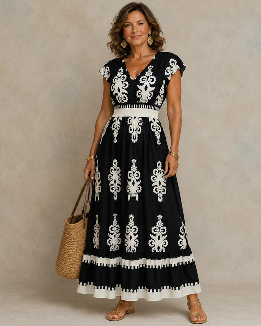 Fanny-Opaline Dame Maxi Kjole | V-Hals | Broderede Detaljer