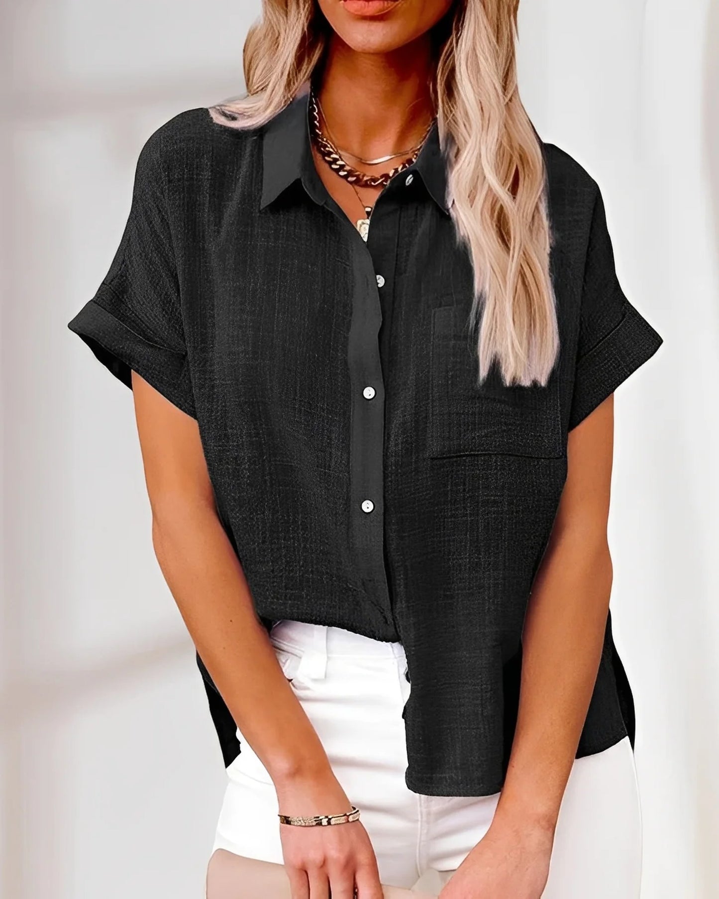 Milène Dames Blouse | Overhemdkraag | Korte Mouwen