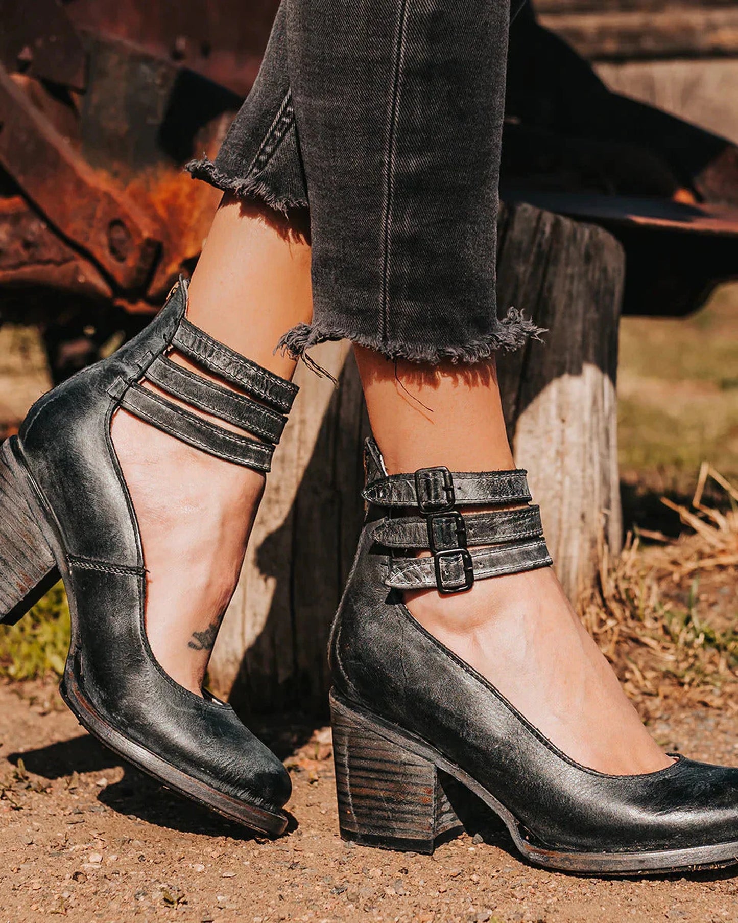 Bonne Dames Sandalen | Gesp Bandjes Enkel | Blokhak Hout Effect