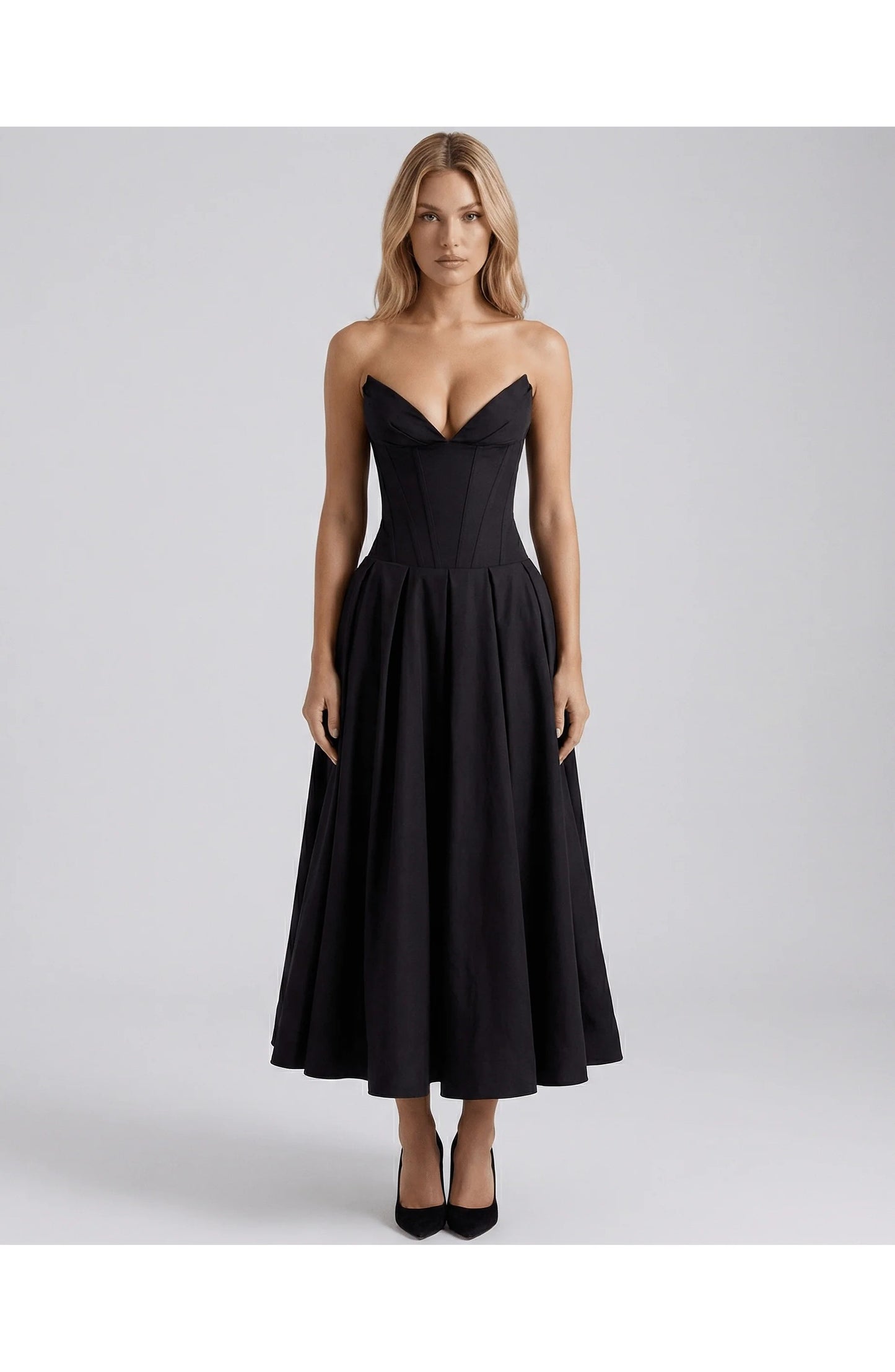 Oriane Women's Midi Dress | Strapless Sweetheart Neckline | Flared Pleated Skirt