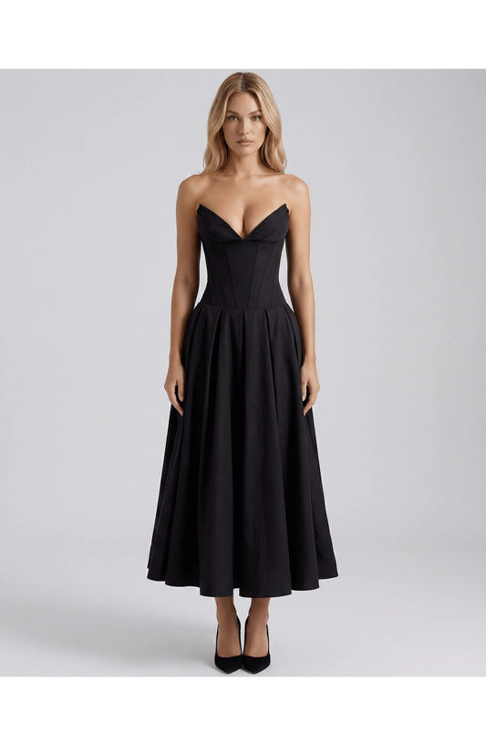Oriane Women's Midi Dress | Strapless Sweetheart Neckline | Flared Pleated Skirt