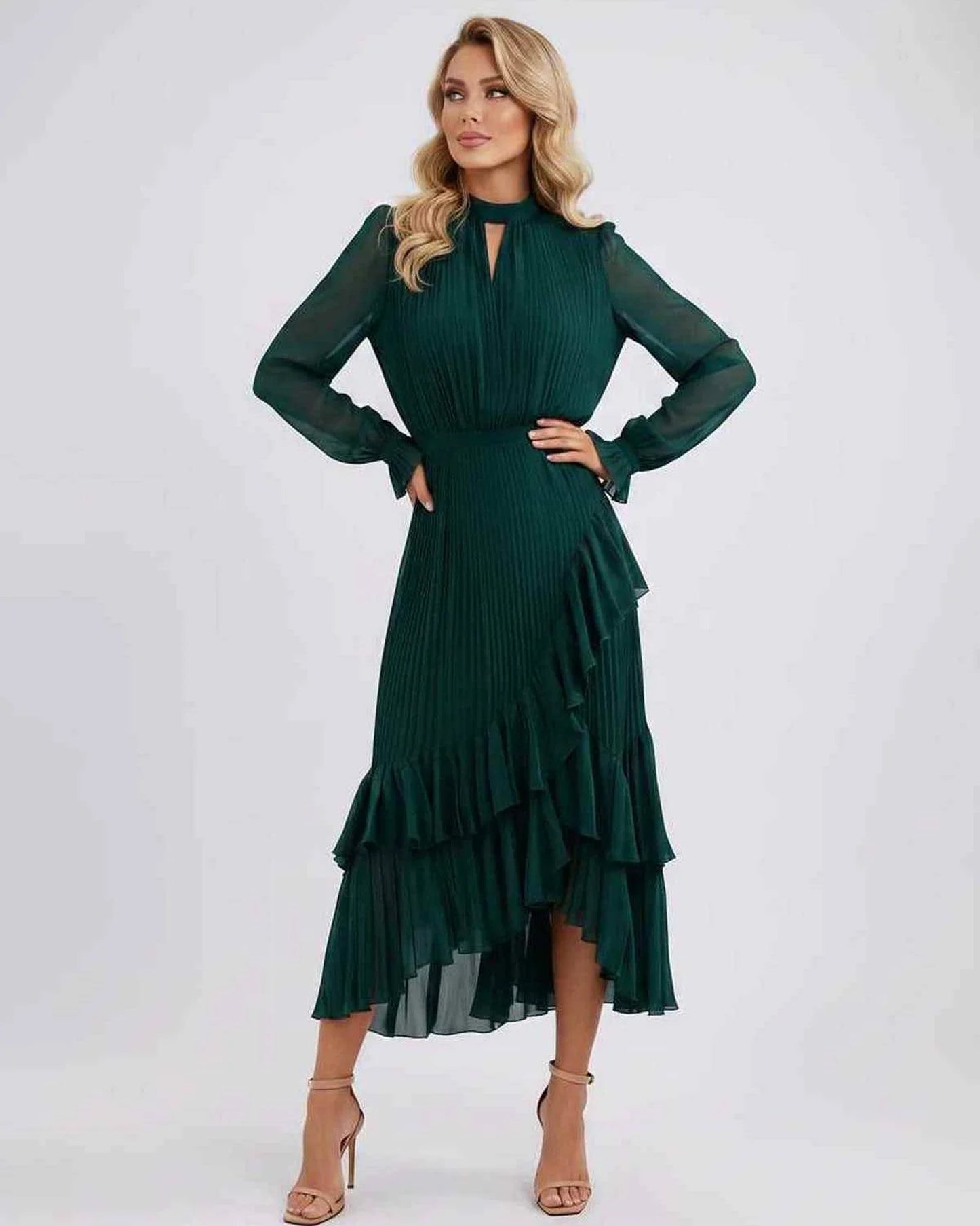 Mannette Women's Maxi Dress | Pleated Ruffles | Keyhole Neckline