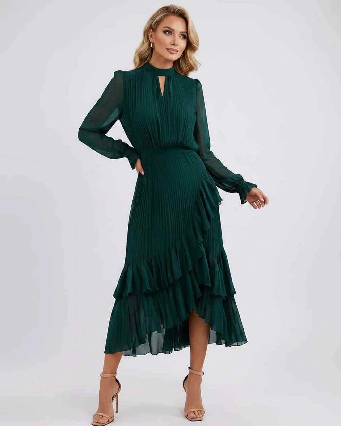 Mannette Women's Maxi Dress | Pleated Ruffles | Keyhole Neckline
