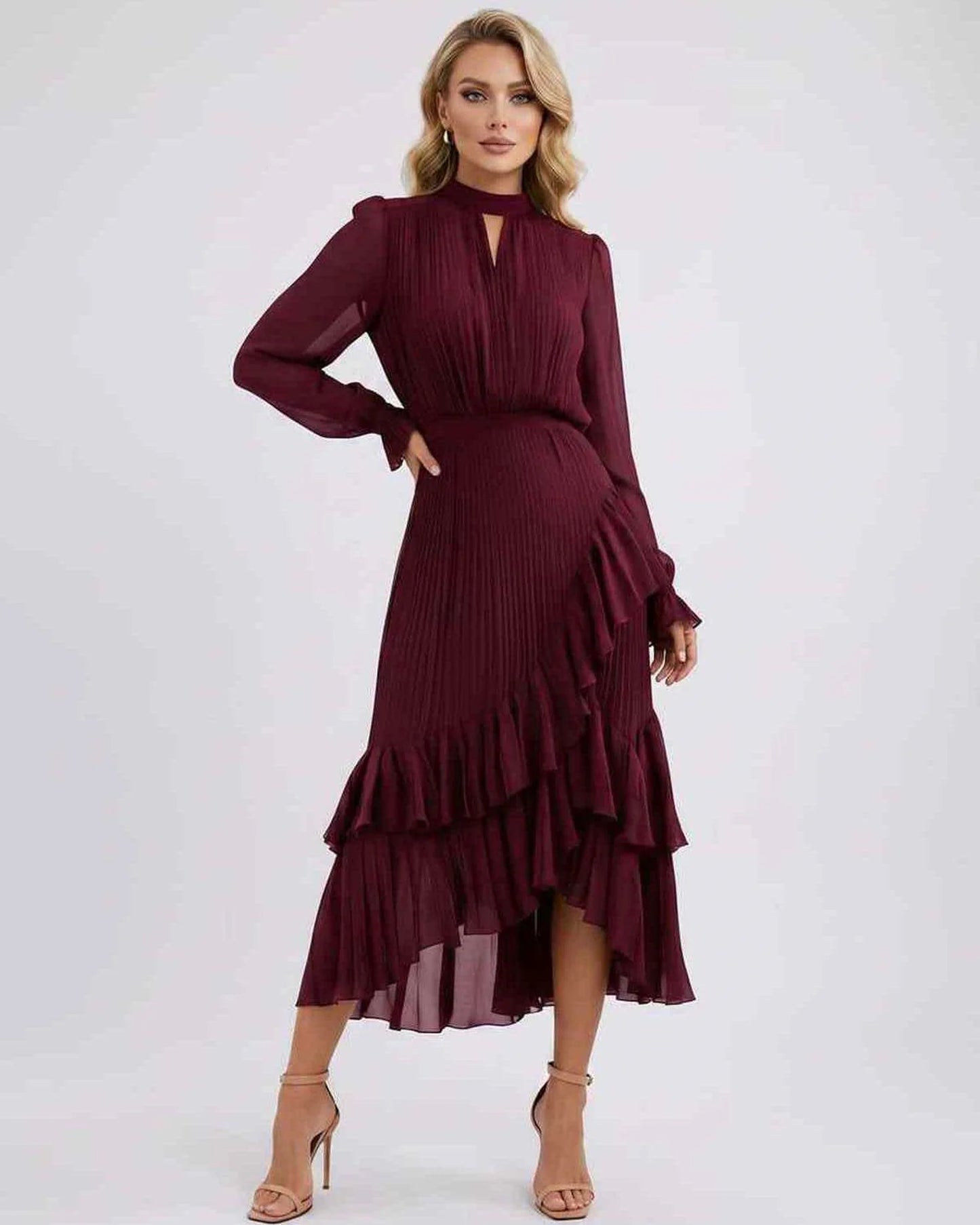 Mannette Women's Maxi Dress | Pleated Ruffles | Keyhole Neckline