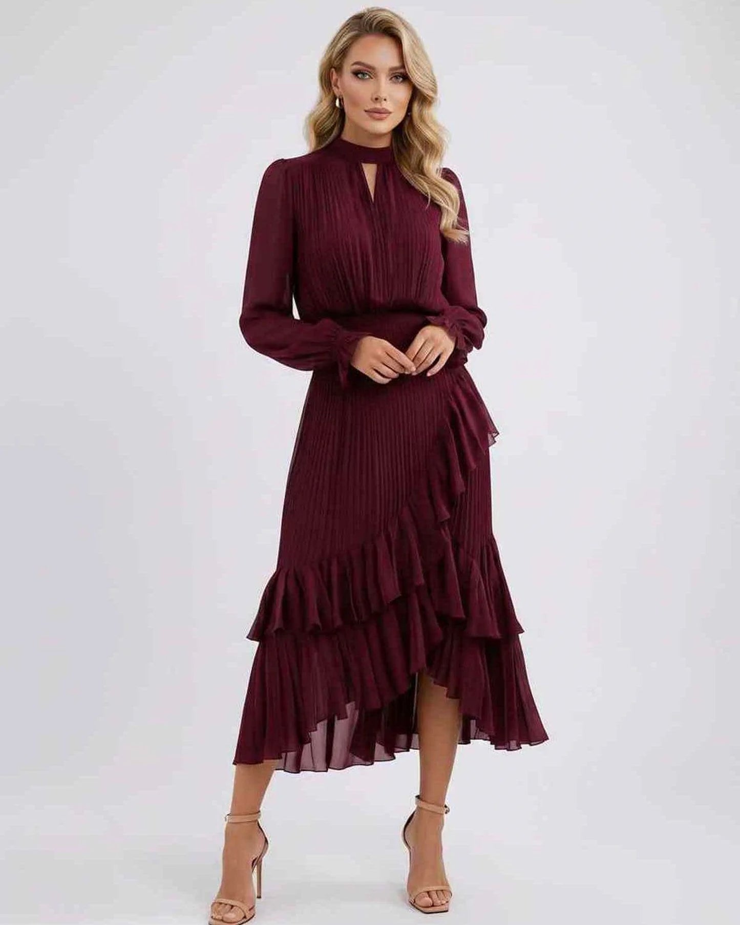 Mannette Women's Maxi Dress | Pleated Ruffles | Keyhole Neckline