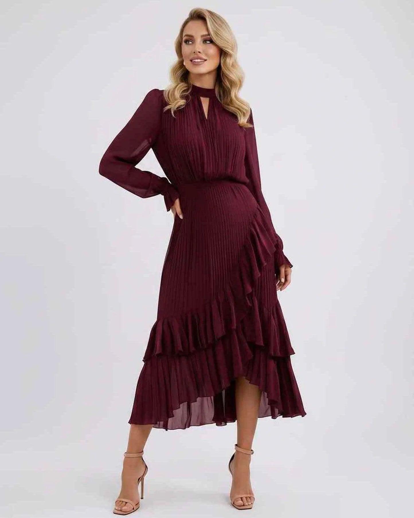 Mannette Women's Maxi Dress | Pleated Ruffles | Keyhole Neckline