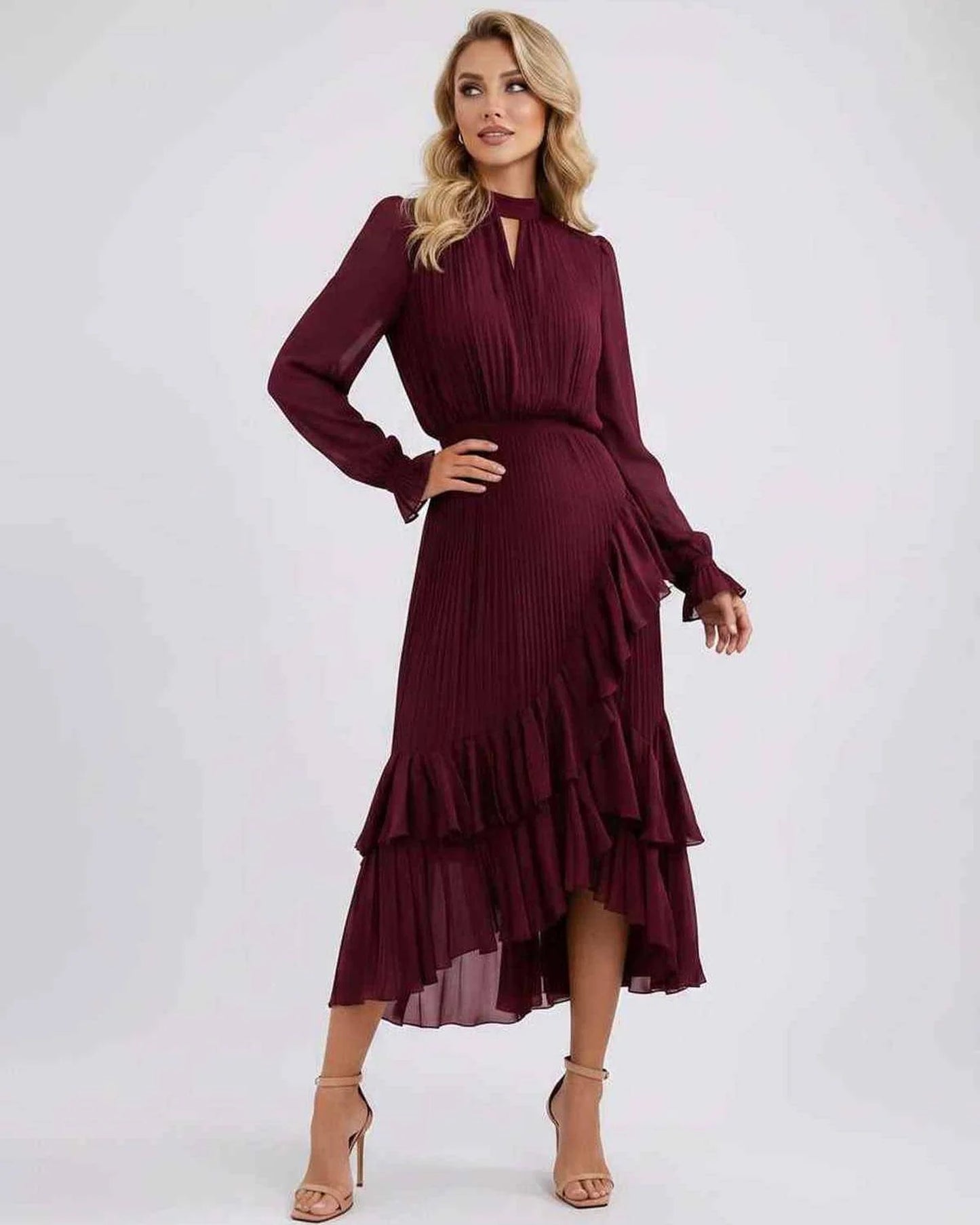 Mannette Women's Maxi Dress | Pleated Ruffles | Keyhole Neckline