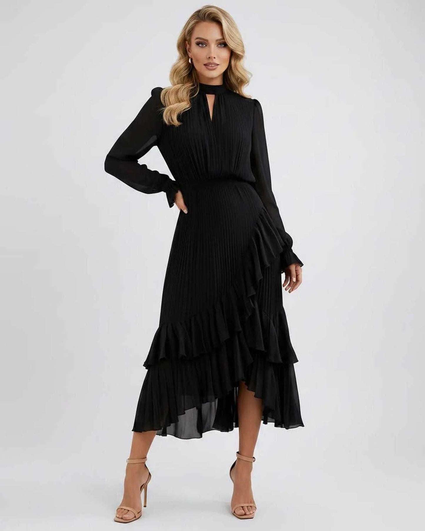 Mannette Women's Maxi Dress | Pleated Ruffles | Keyhole Neckline