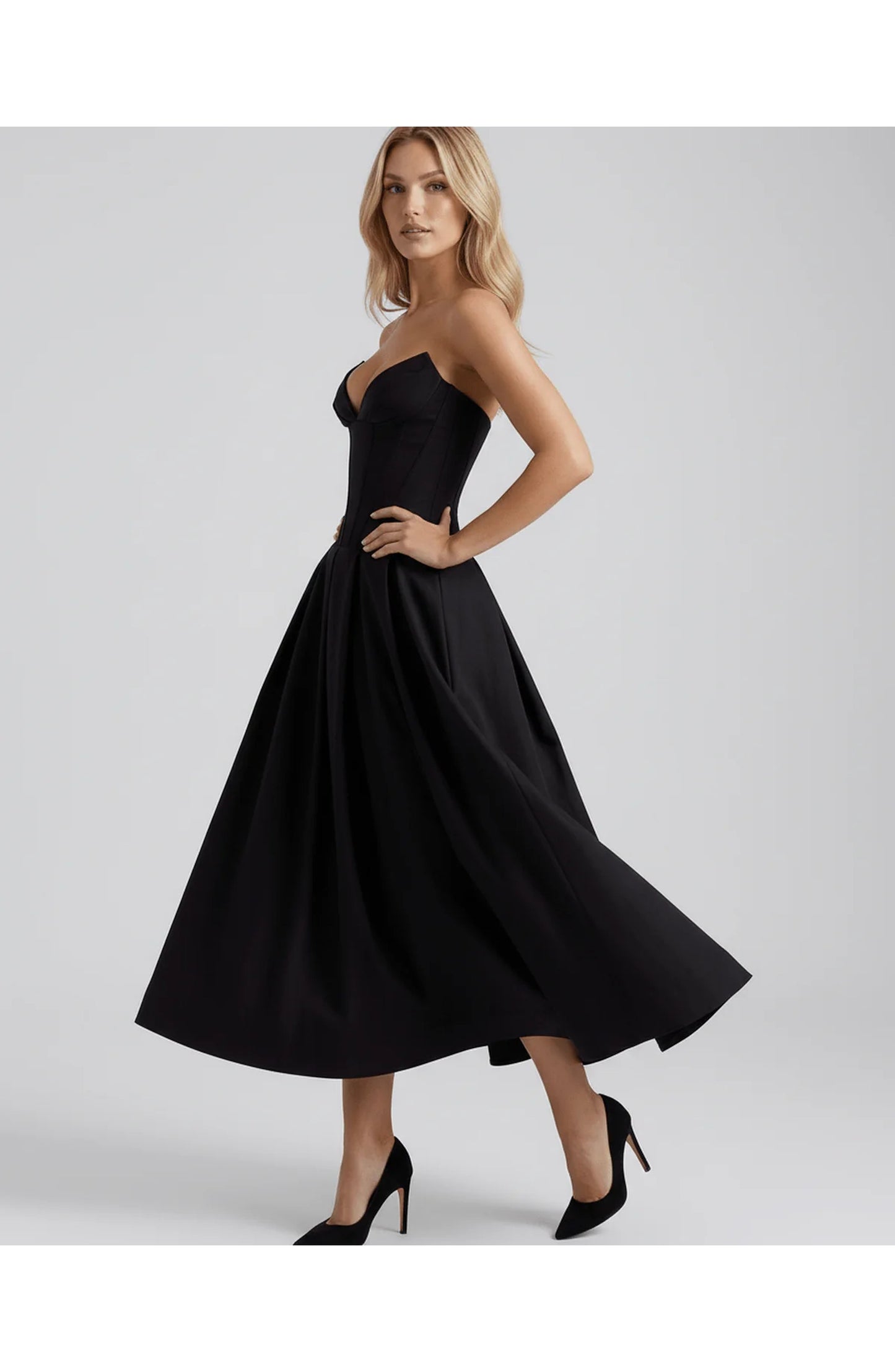 Oriane Women's Midi Dress | Strapless Sweetheart Neckline | Flared Pleated Skirt