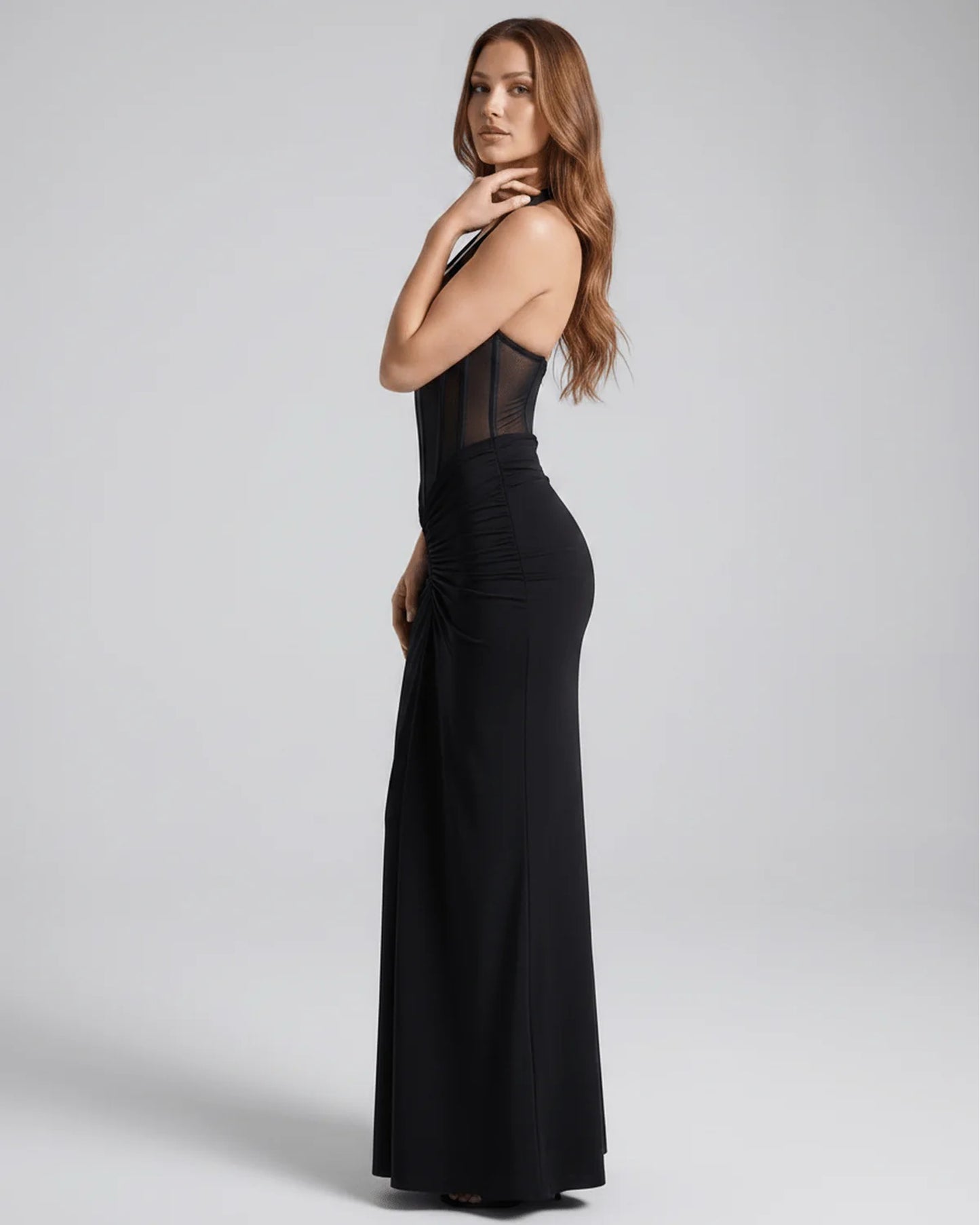 Maude Women's Maxi Dress | Mesh Center Panel | Pleated Front