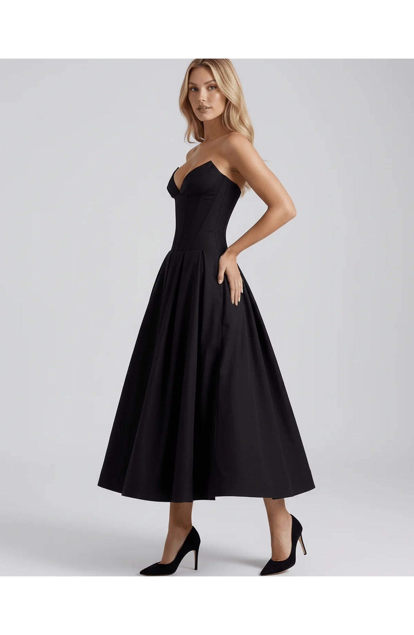 Oriane Women's Midi Dress | Strapless Sweetheart Neckline | Flared Pleated Skirt