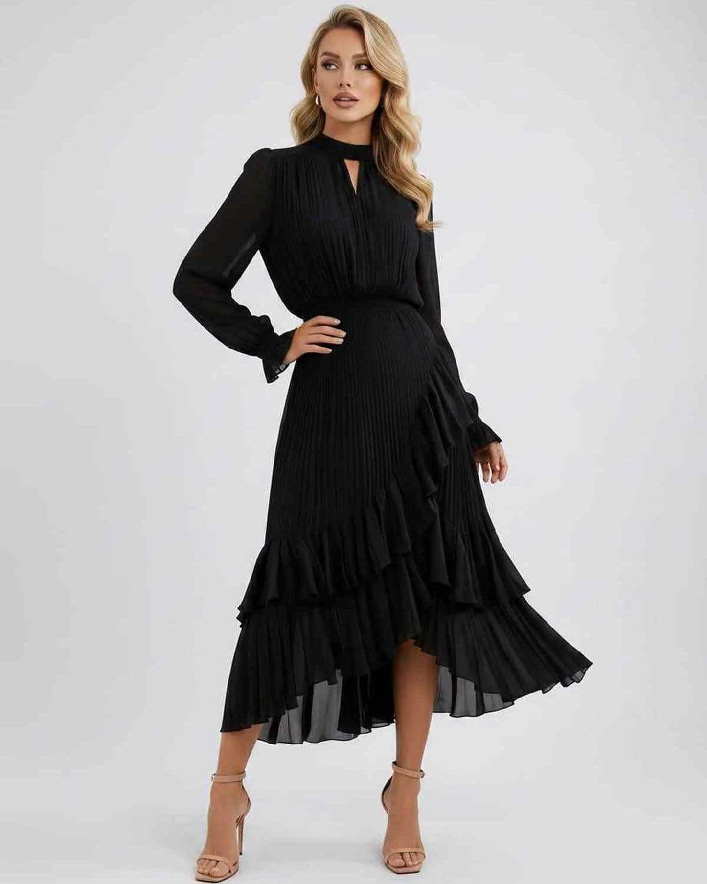 Mannette Women's Maxi Dress | Pleated Ruffles | Keyhole Neckline