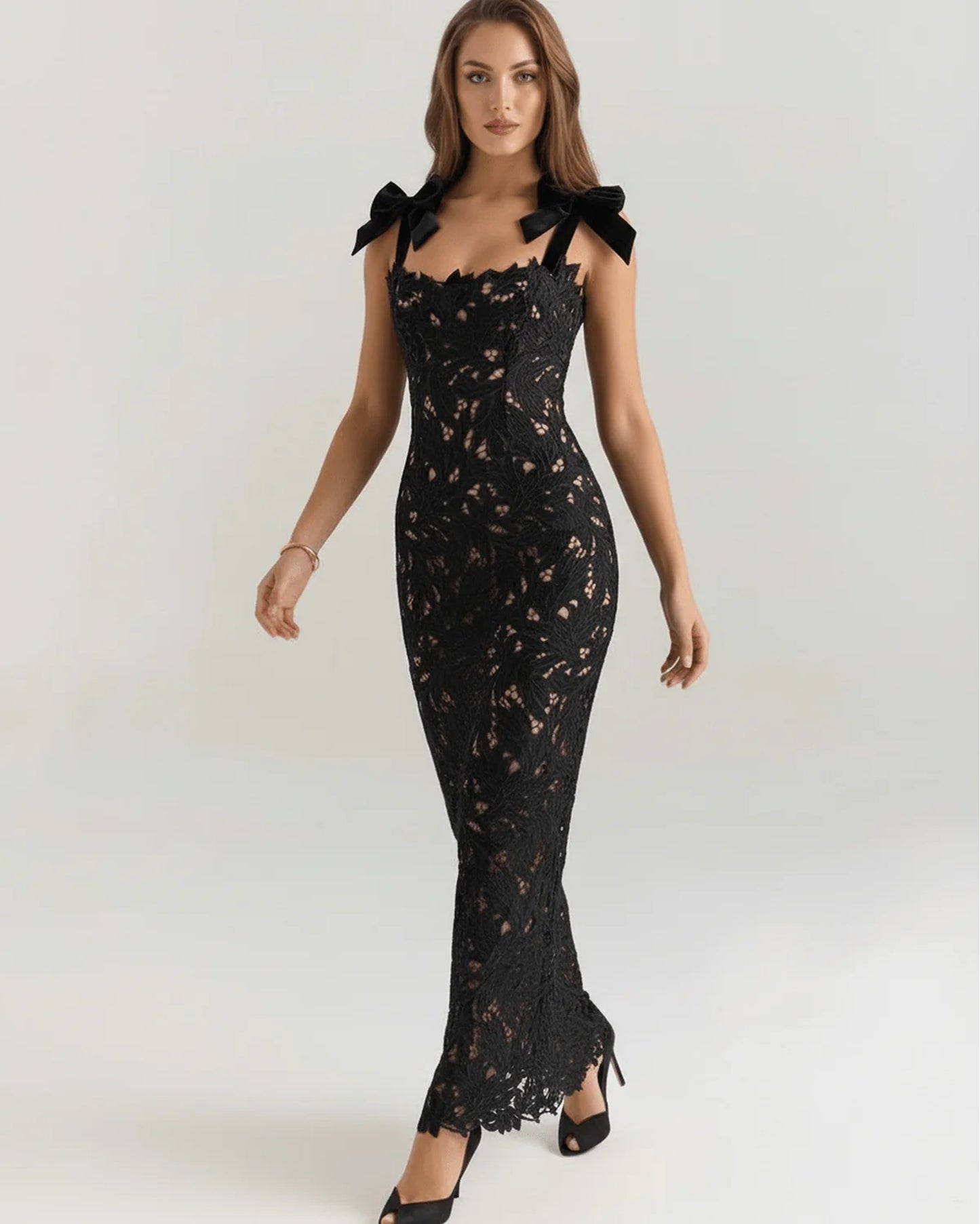 Maxime Dames Maxi Jurk | Kanten Overlay | Strikken Op Schouders