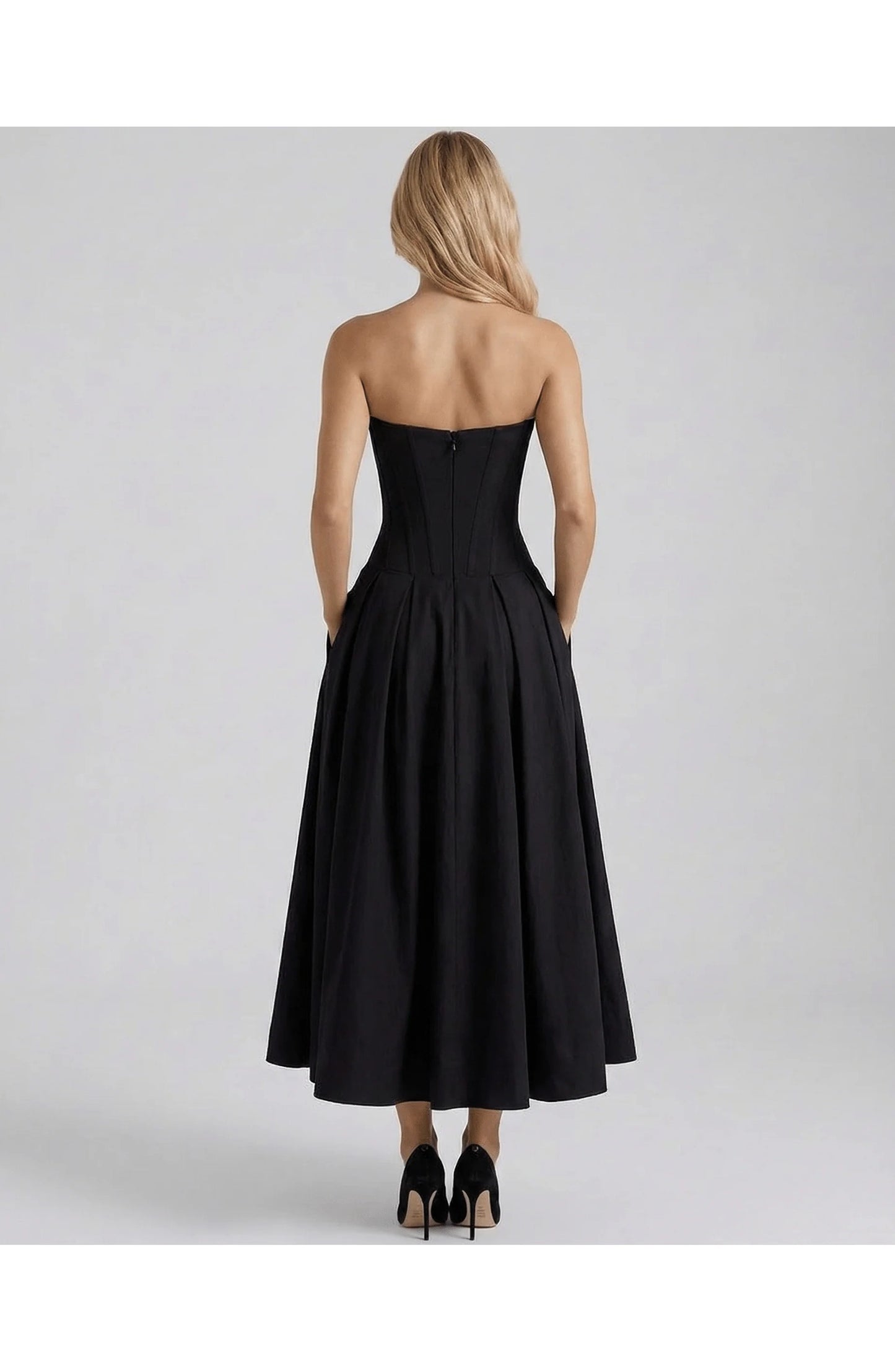 Oriane Women's Midi Dress | Strapless Sweetheart Neckline | Flared Pleated Skirt