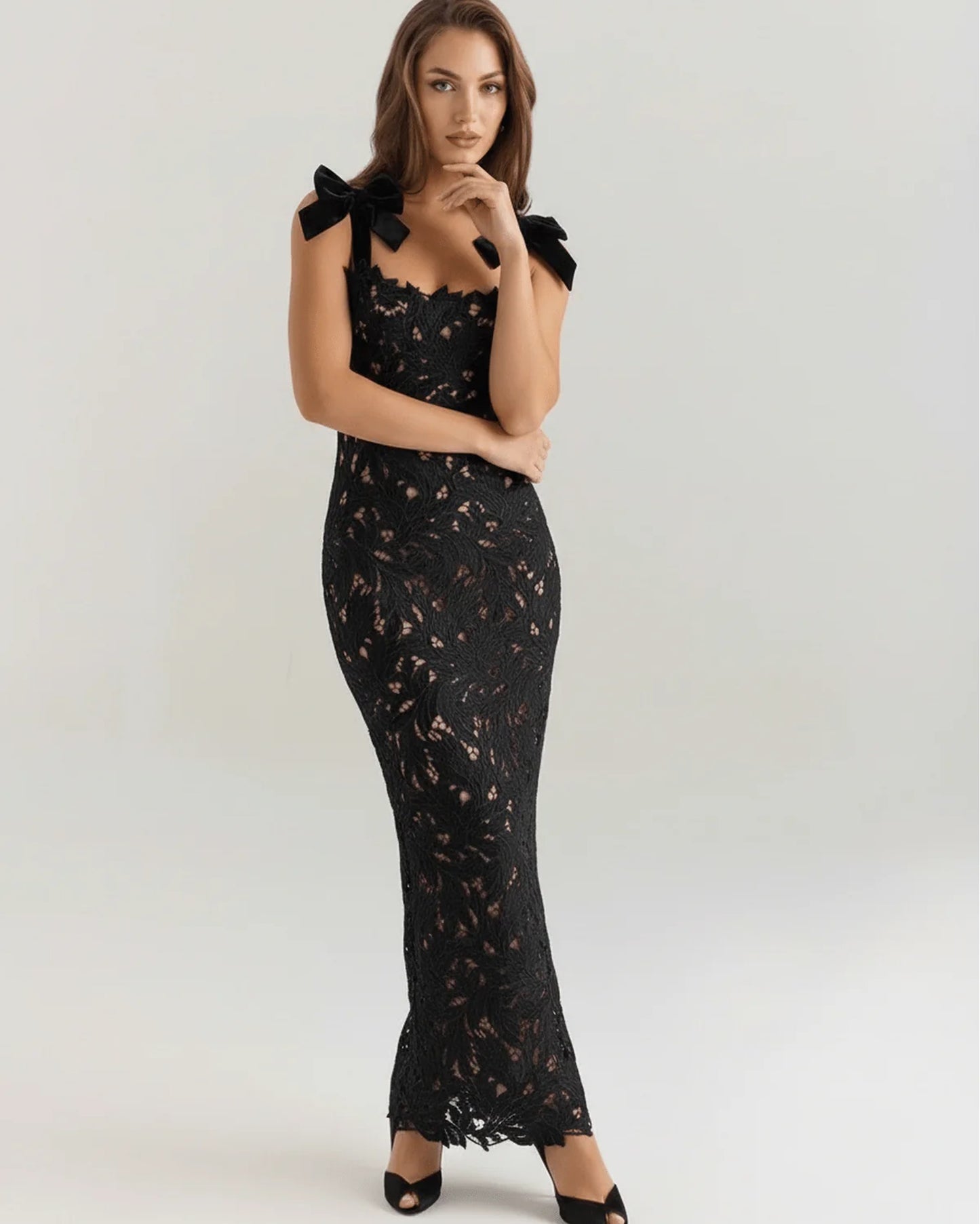 Maxime Dames Maxi Jurk | Kanten Overlay | Strikken Op Schouders