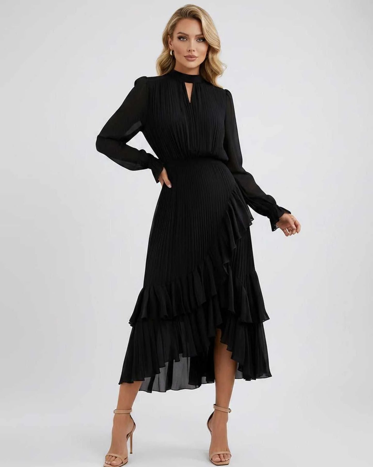 Mannette Women's Maxi Dress | Pleated Ruffles | Keyhole Neckline