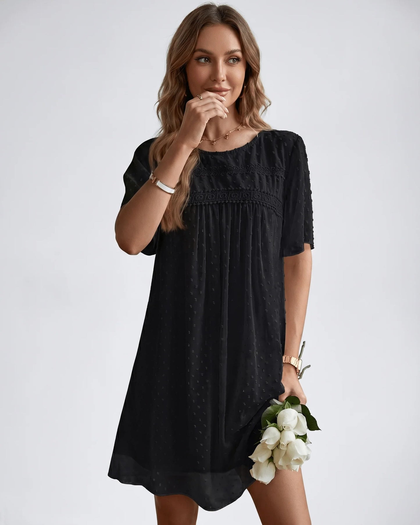 Victoire Ladies Mini Dress | Embroidered Details | Pleated Bodice