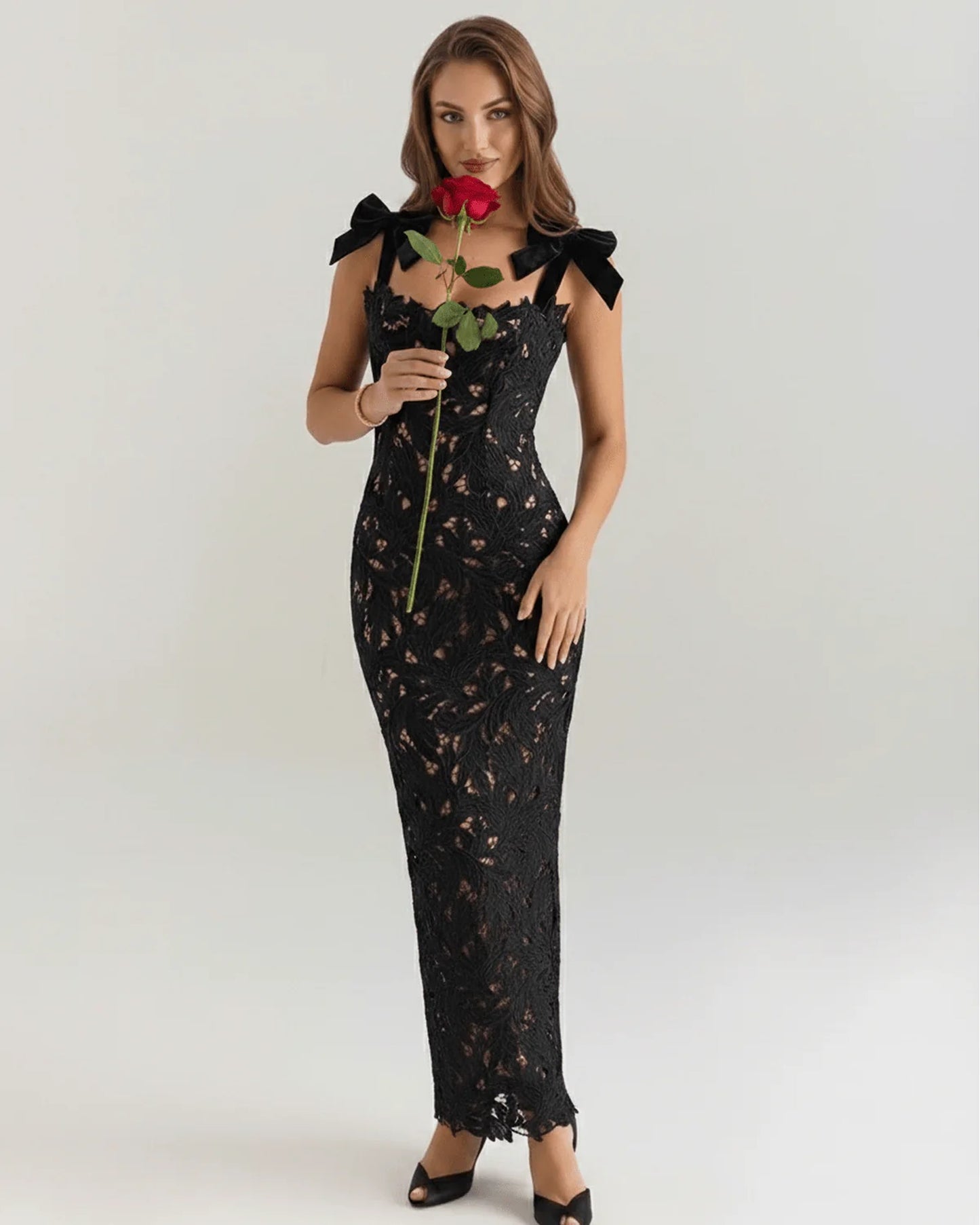 Maxime Dames Maxi Jurk | Kanten Overlay | Strikken Op Schouders