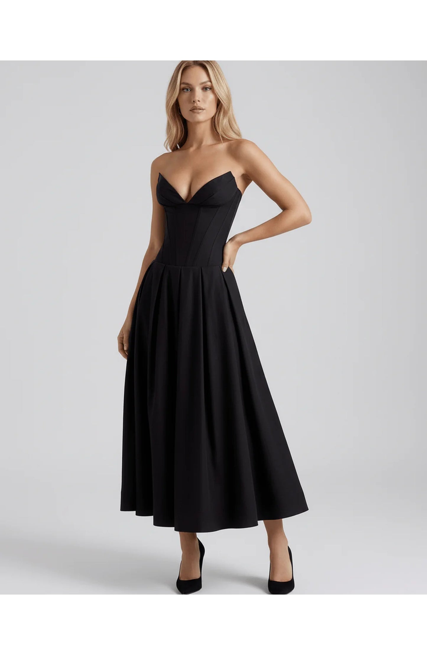 Oriane Women's Midi Dress | Strapless Sweetheart Neckline | Flared Pleated Skirt