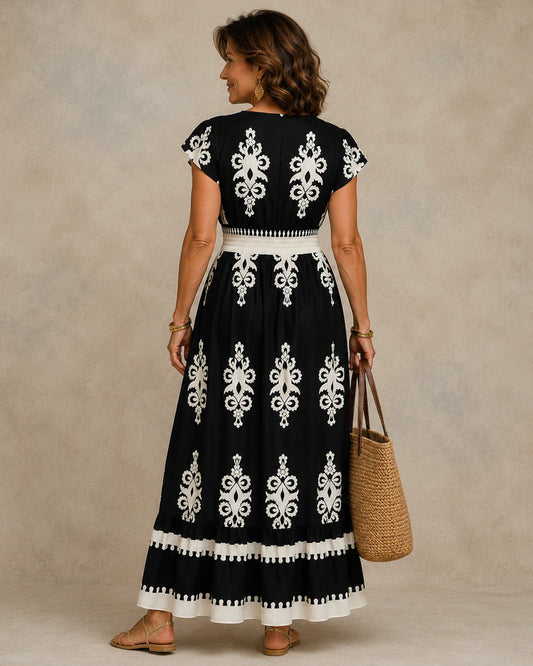 Fanny-Opaline Dame Maxi Kjole | V-Hals | Broderede Detaljer