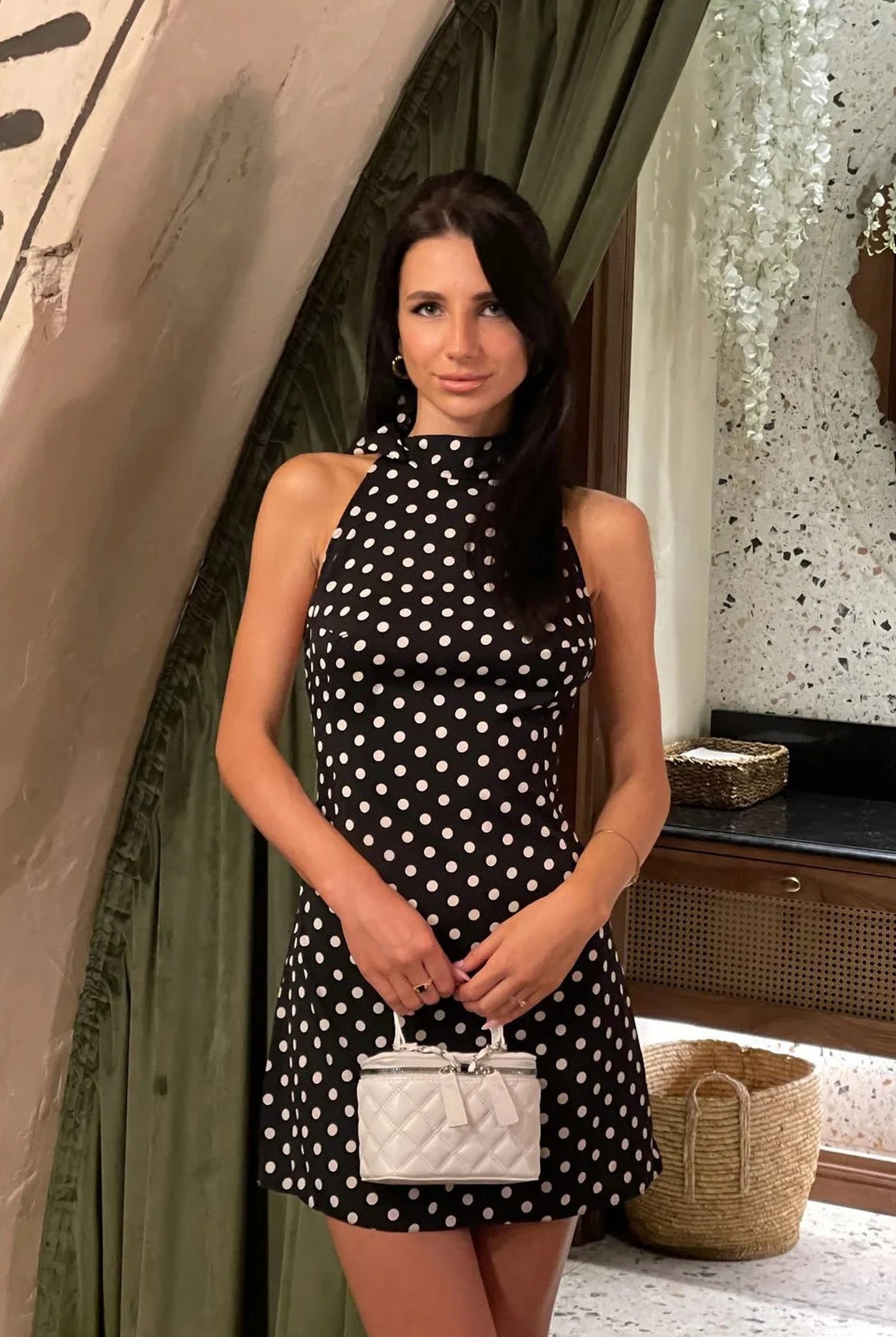 Fidèle Damska Mini Sukienka | Dekolt-halter | Otwarte Plecy | Groszki