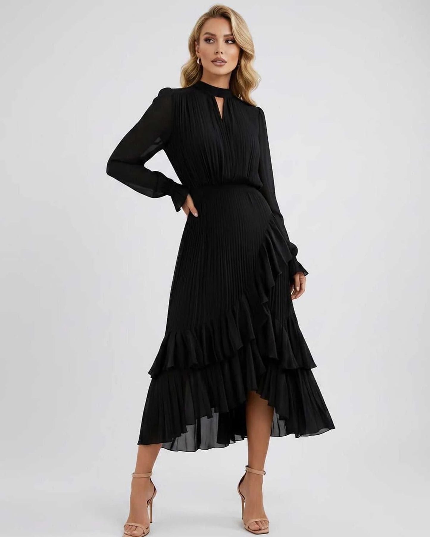 Mannette Women's Maxi Dress | Pleated Ruffles | Keyhole Neckline