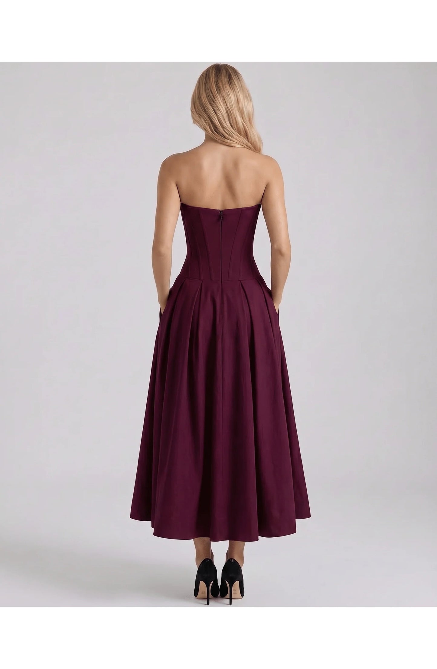 Oriane Women's Midi Dress | Strapless Sweetheart Neckline | Flared Pleated Skirt