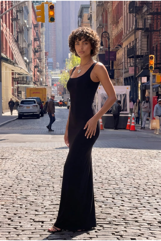 Dames Maxi Jurk Zwart | Scoop Halslijn | Bodycon Pasvorm