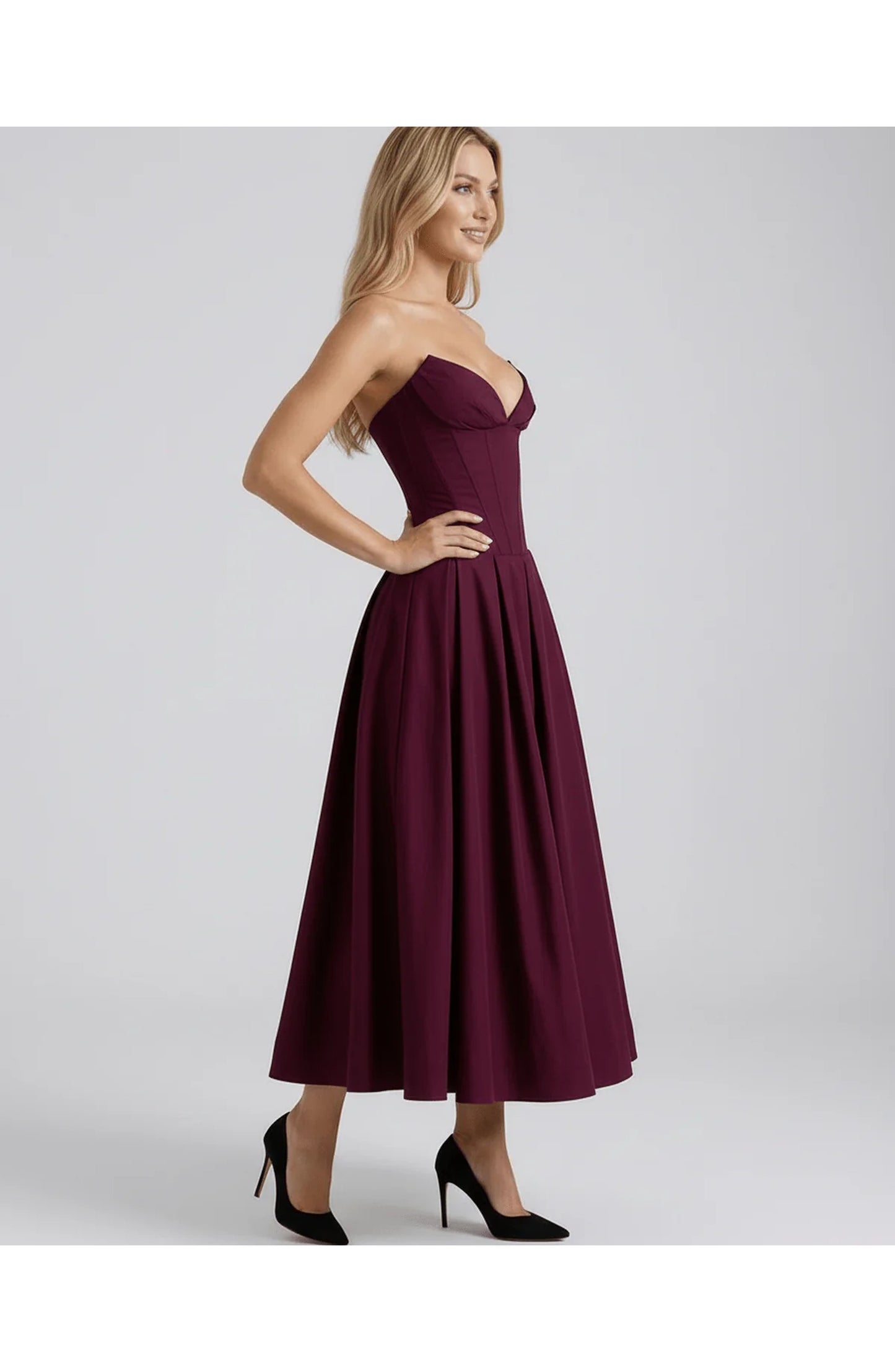 Oriane Women's Midi Dress | Strapless Sweetheart Neckline | Flared Pleated Skirt