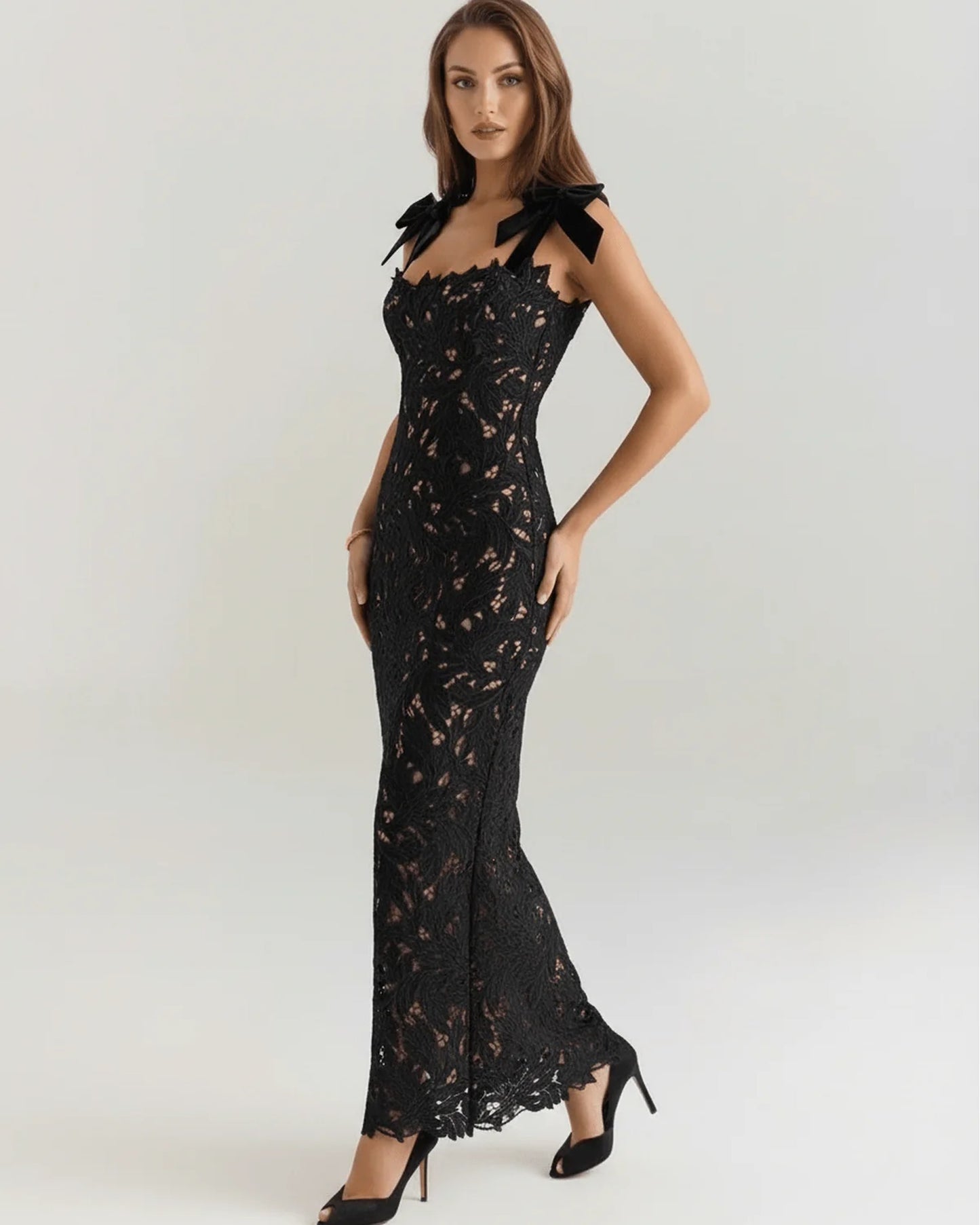 Maxime Dames Maxi Jurk | Kanten Overlay | Strikken Op Schouders