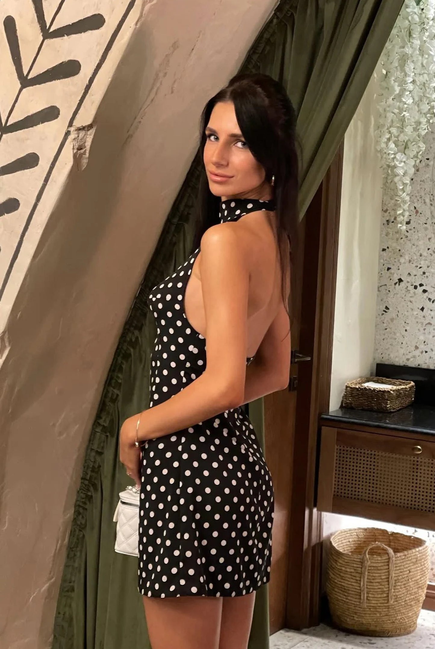 Fidèle Damska Mini Sukienka | Dekolt-halter | Otwarte Plecy | Groszki