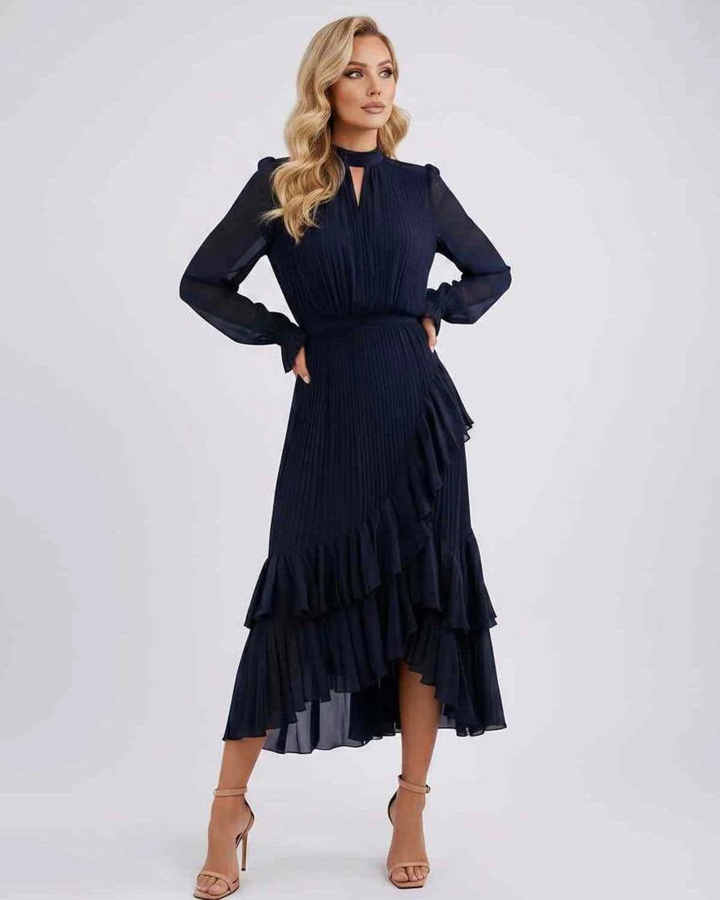 Mannette Women's Maxi Dress | Pleated Ruffles | Keyhole Neckline