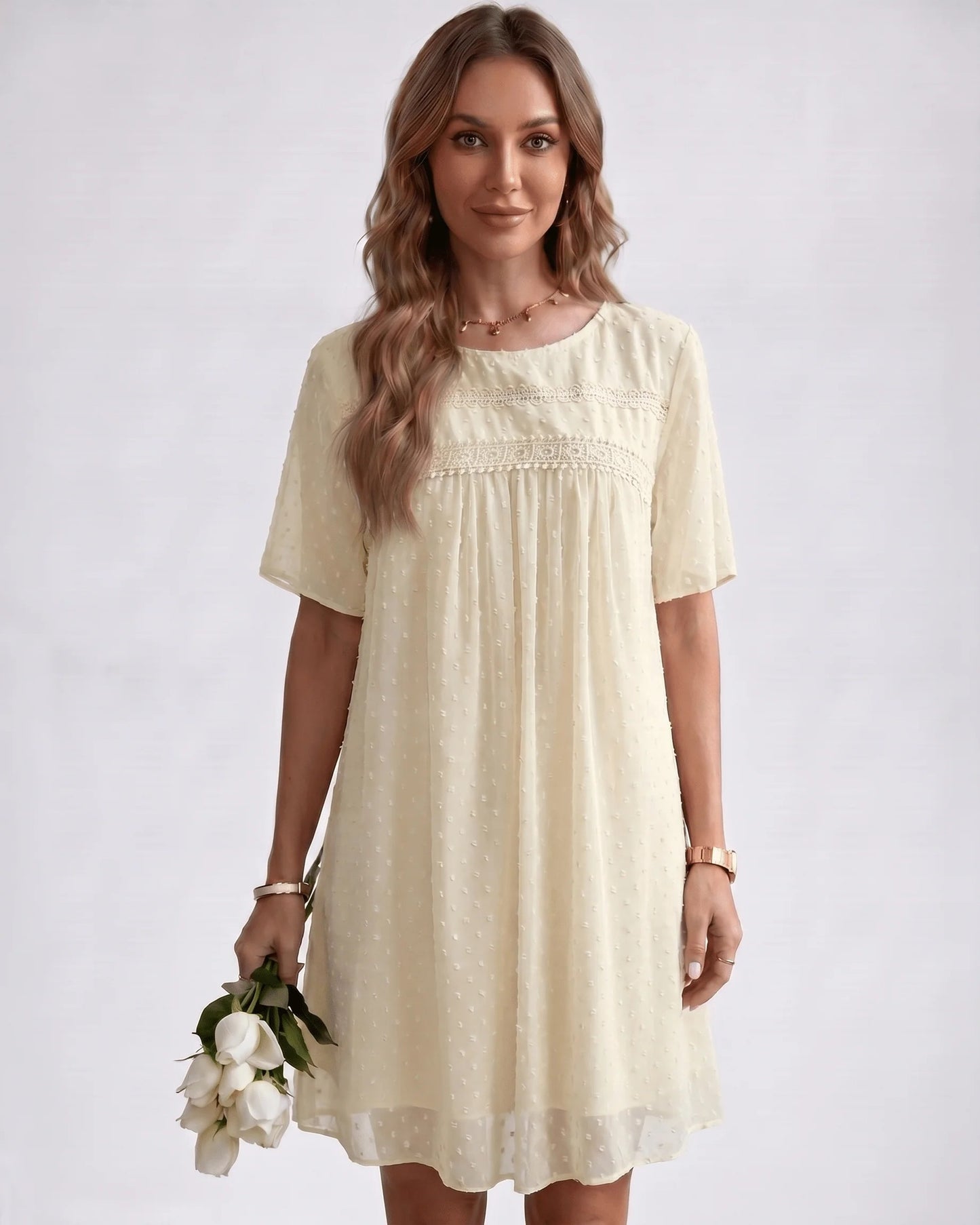 Victoire Ladies Mini Dress | Embroidered Details | Pleated Bodice