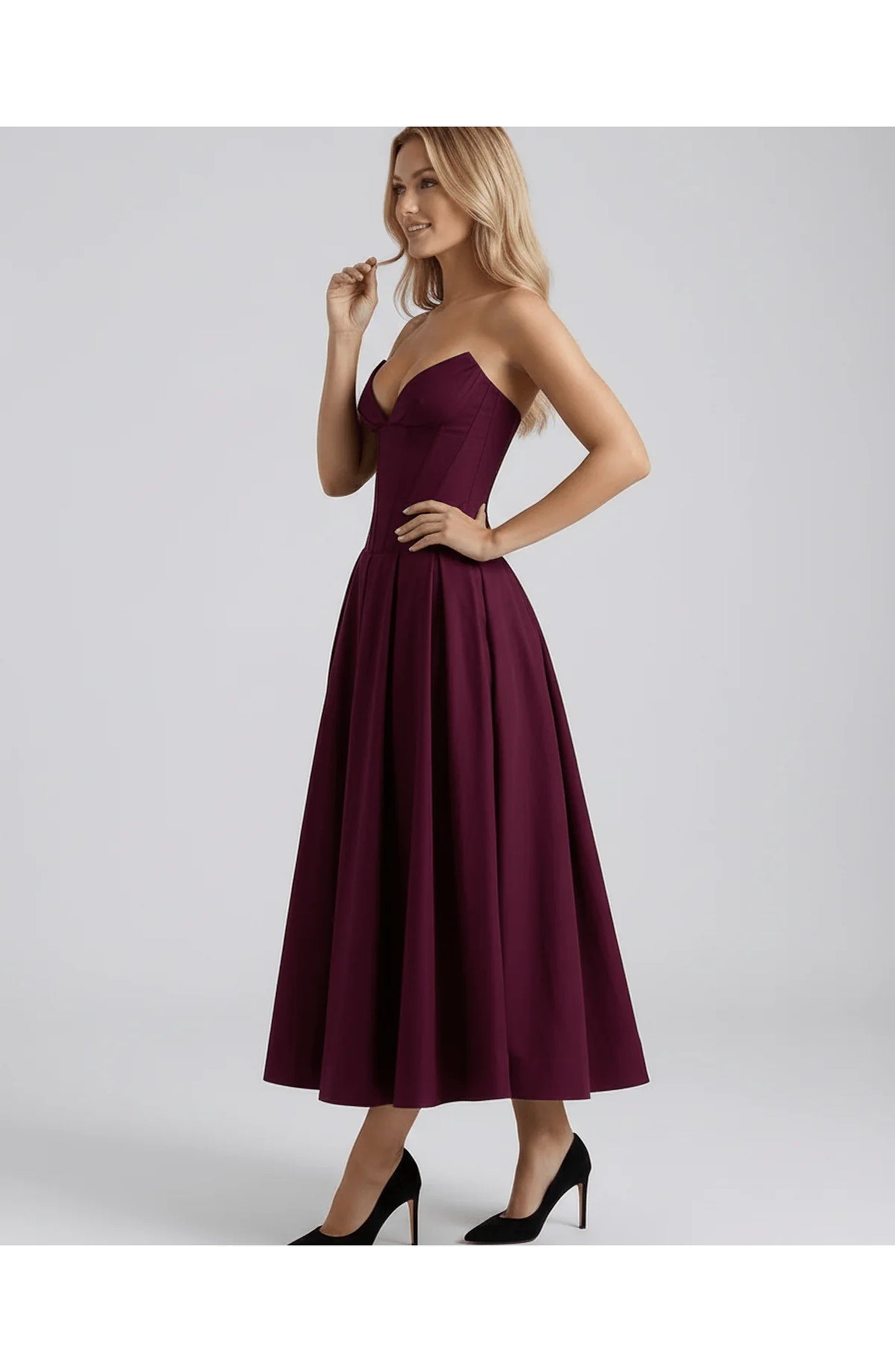 Oriane Women's Midi Dress | Strapless Sweetheart Neckline | Flared Pleated Skirt