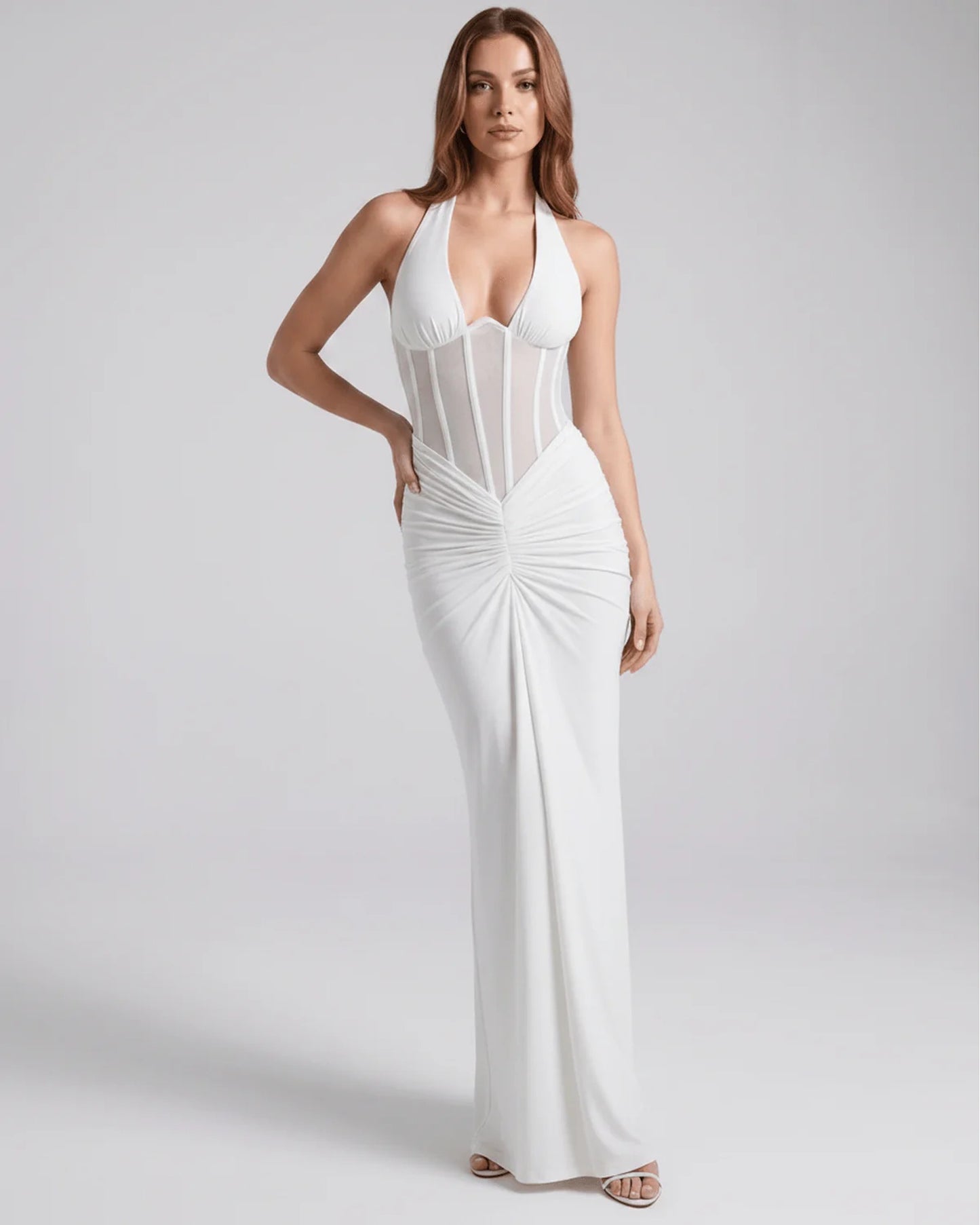 Maude Women's Maxi Dress | Mesh Center Panel | Pleated Front
