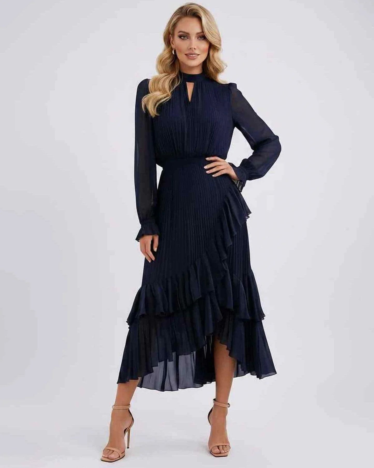 Mannette Women's Maxi Dress | Pleated Ruffles | Keyhole Neckline