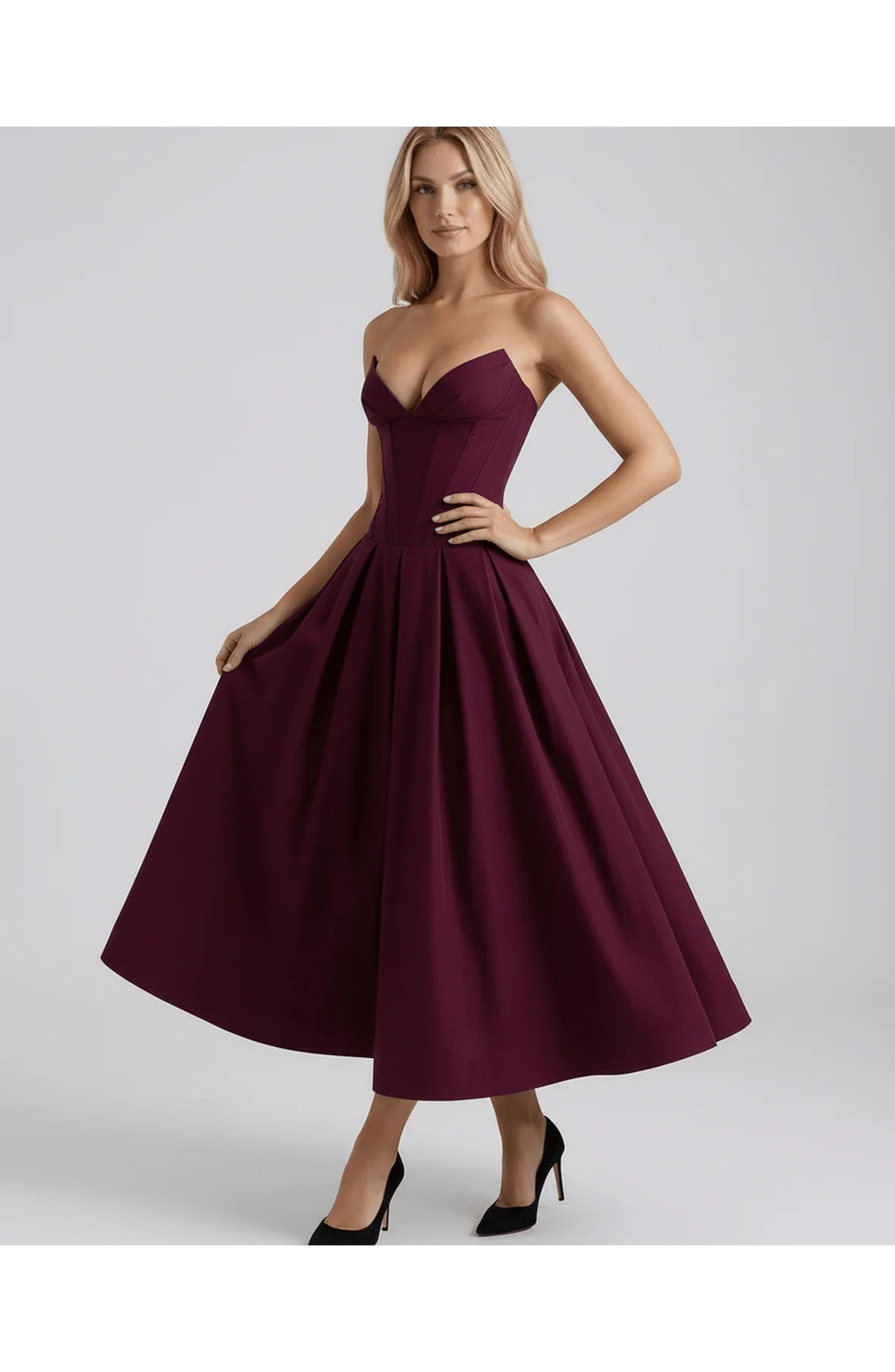 Oriane Women's Midi Dress | Strapless Sweetheart Neckline | Flared Pleated Skirt