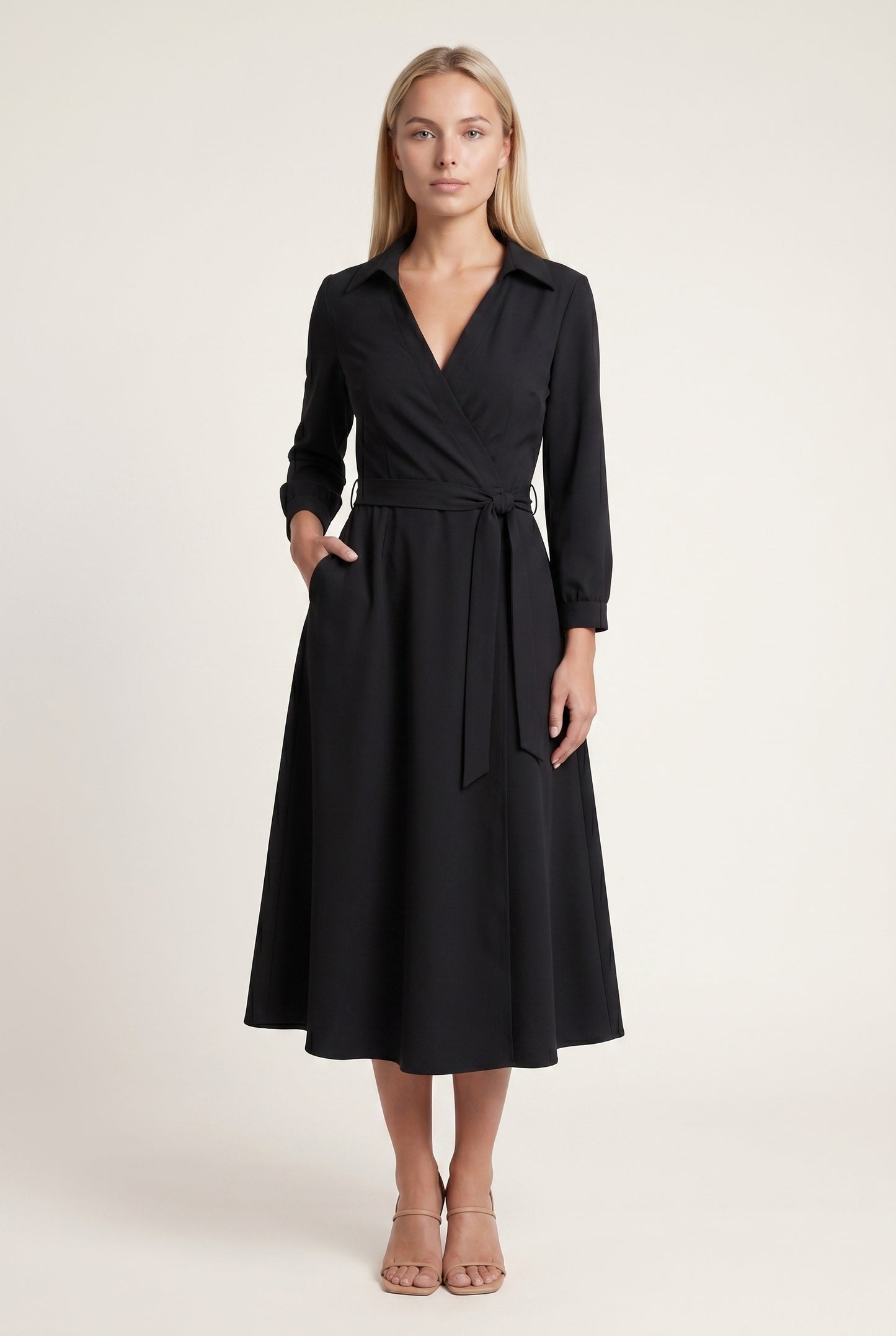 Patricia Dames Midi Jurk | Strikceintuur | Lange Mouwen