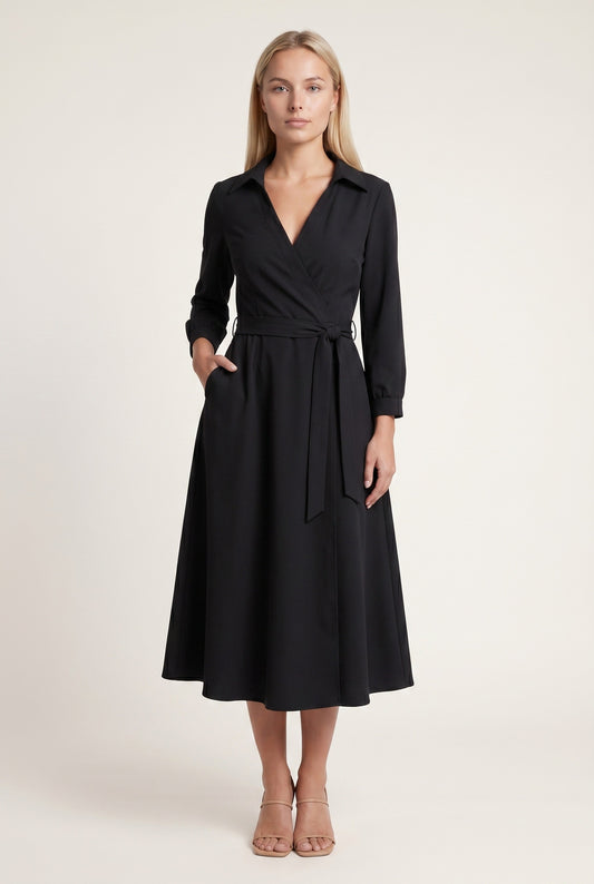 Patricia Dames Midi Jurk | Strikceintuur | Lange Mouwen